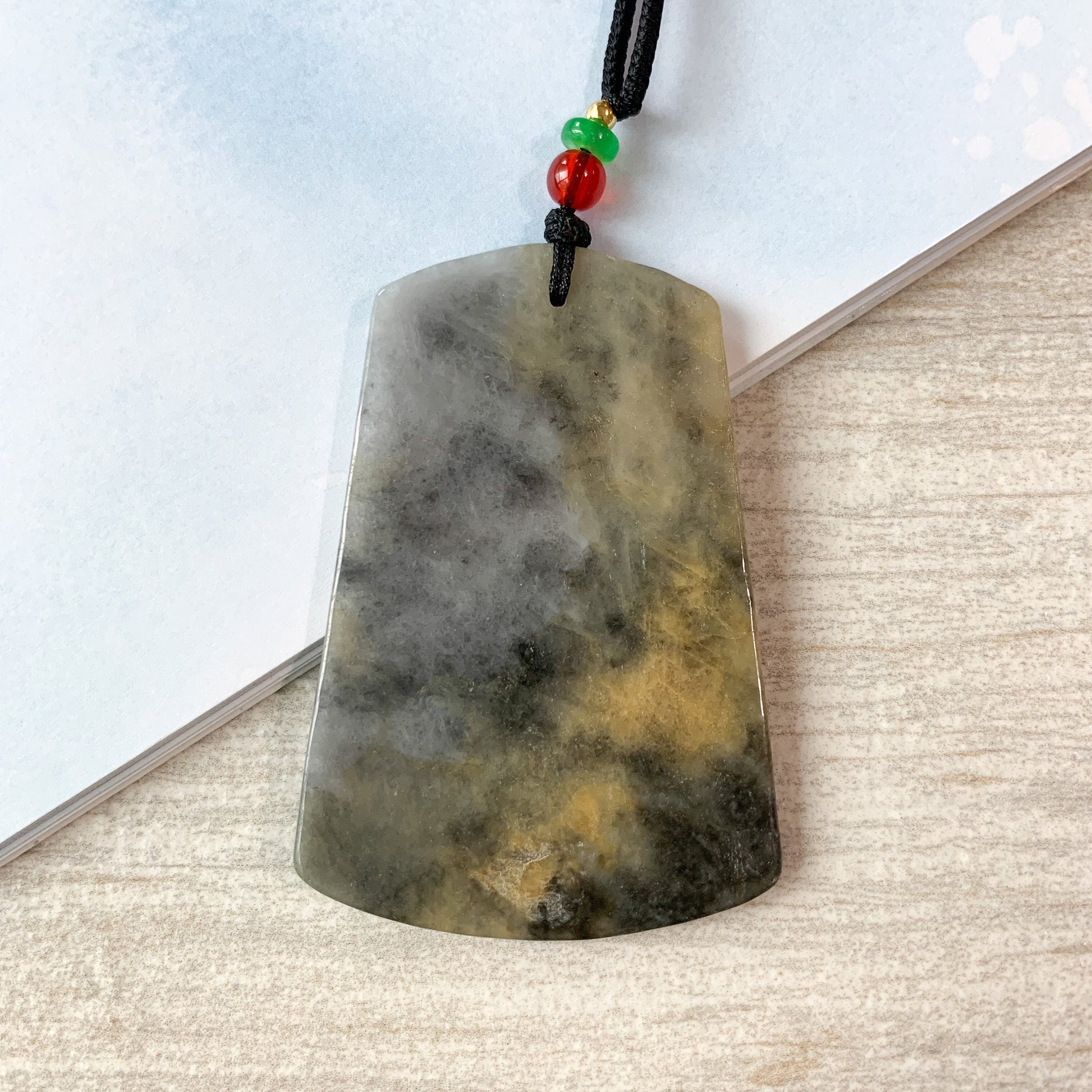 Black Jadeite Jade Abstract Landscape Mountain Forest River Scenery Hand Carved Pendant Necklace, YJ-0321-0439937 - AriaDesignCollection