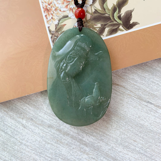 Jadeite Jade Guan Yin Avalokiteshvara Hand Carved Pendant Necklace, Quan Am, YJ-0321-0322913 - AriaDesignCollection