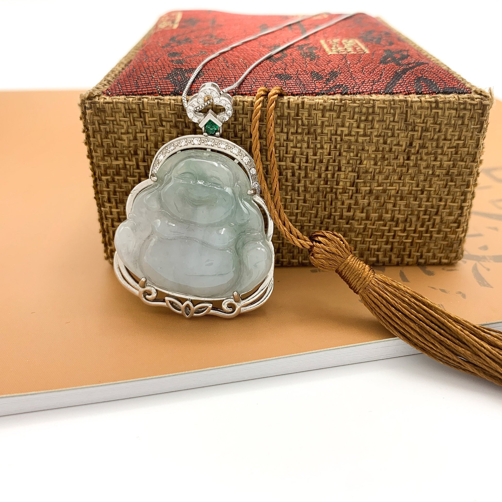 Jadeite Jade Buddha Carved Pendant Sterling Silver Necklace, BJ-0621-1646666730 - AriaDesignCollection