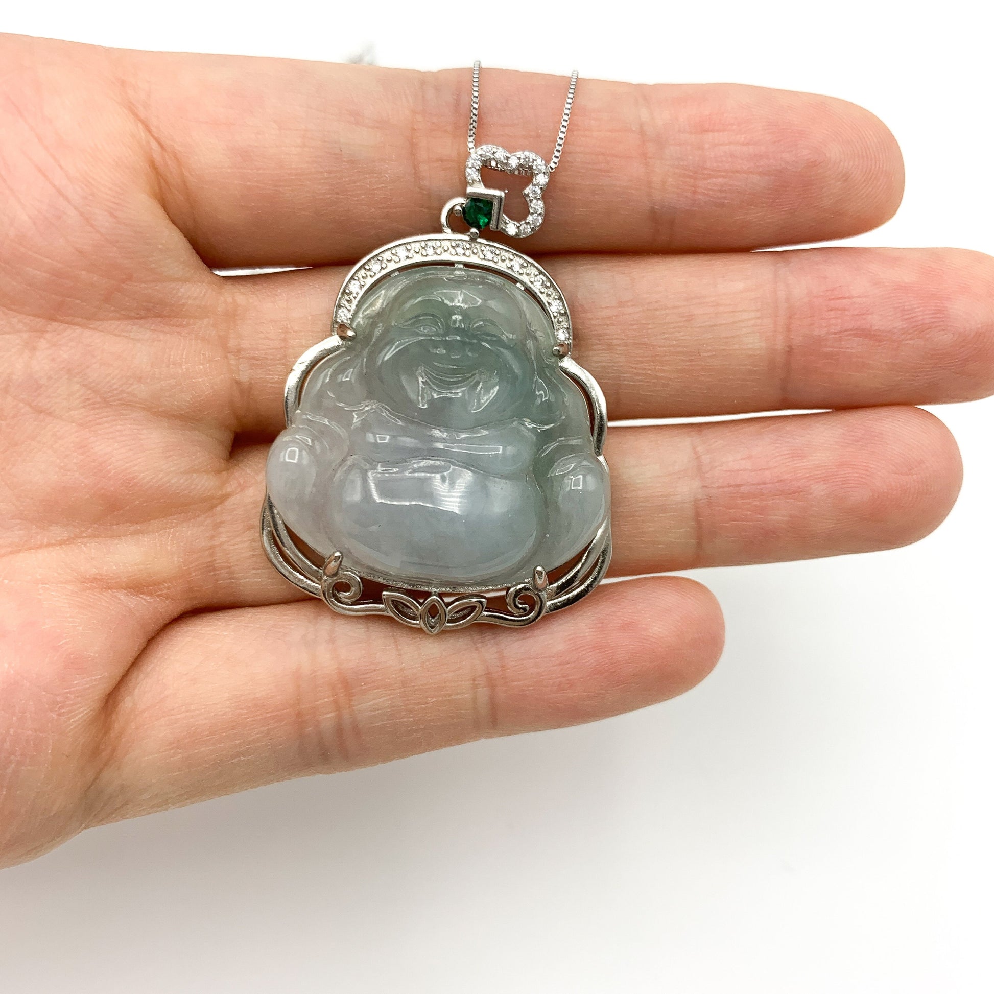 Jadeite Jade Buddha Carved Pendant Sterling Silver Necklace, BJ-0621-1646666730 - AriaDesignCollection