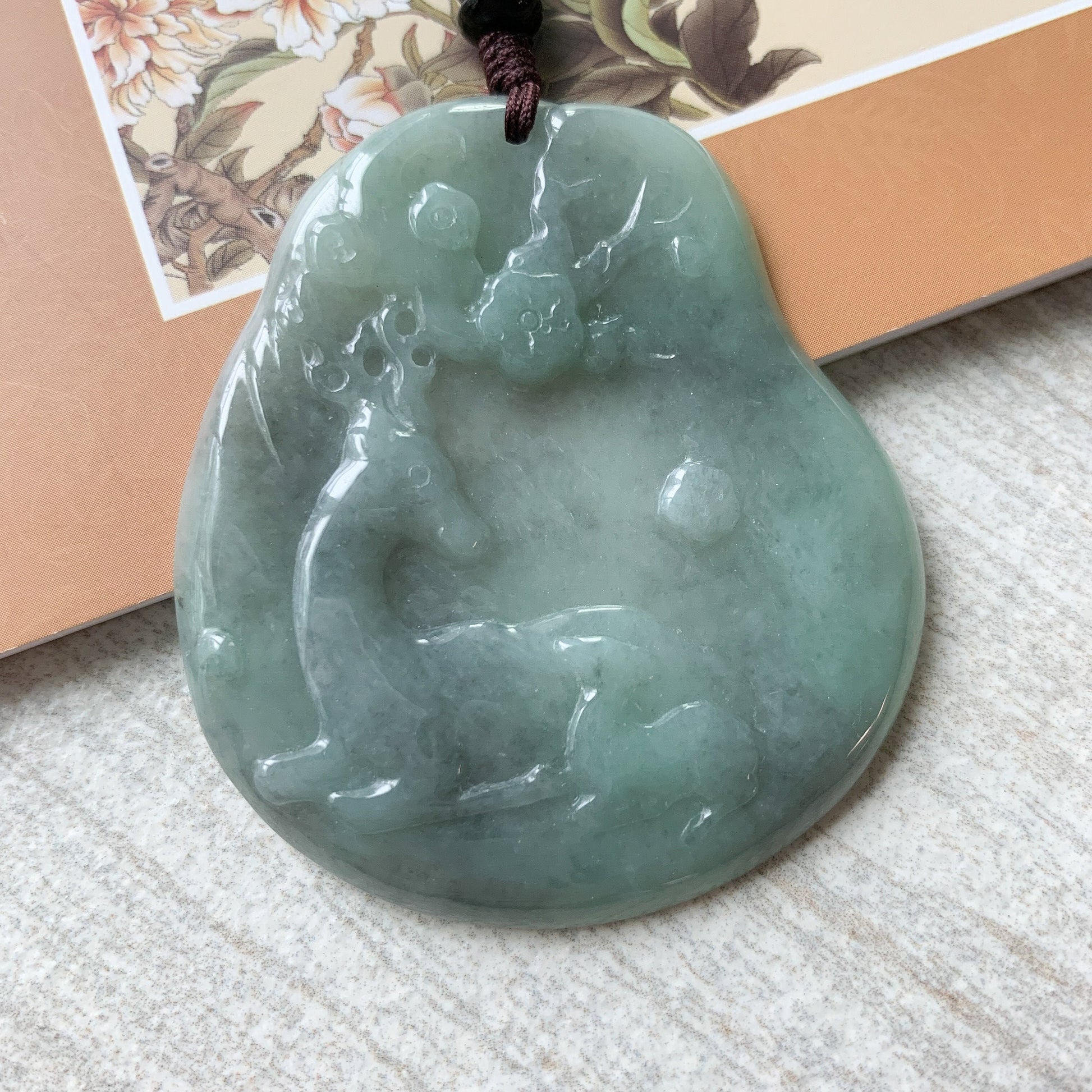 Jadeite Jade Deer in Forest Hand Carved Pendant Necklace, YJ-0321-0420193 - AriaDesignCollection