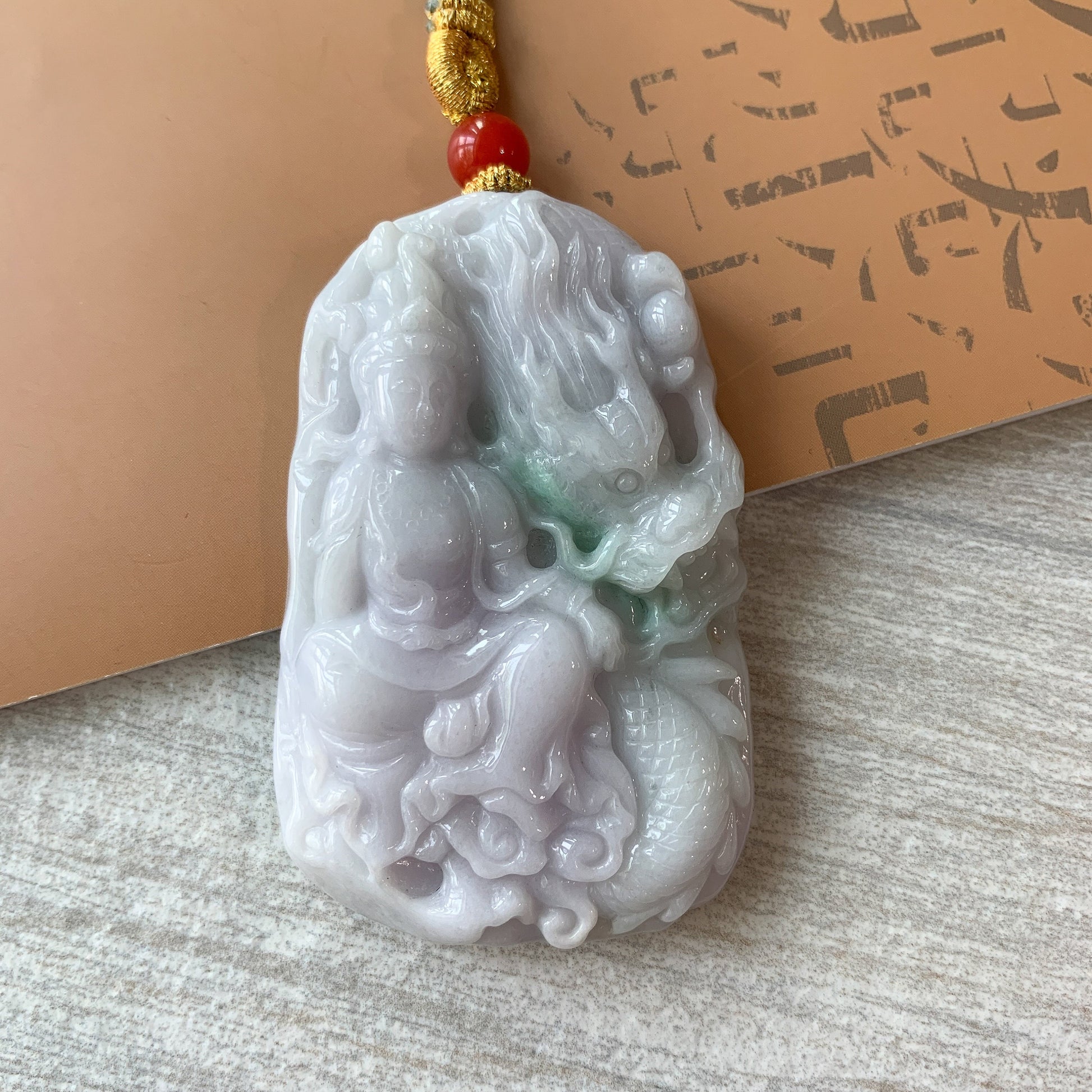 Jadeite Jade Guan Yin Kwan Yin Protected by Dragon Avalokitesvara Semi-Translucent Carved Pendant Necklace, YJ-0321-0351428 - AriaDesignCollection