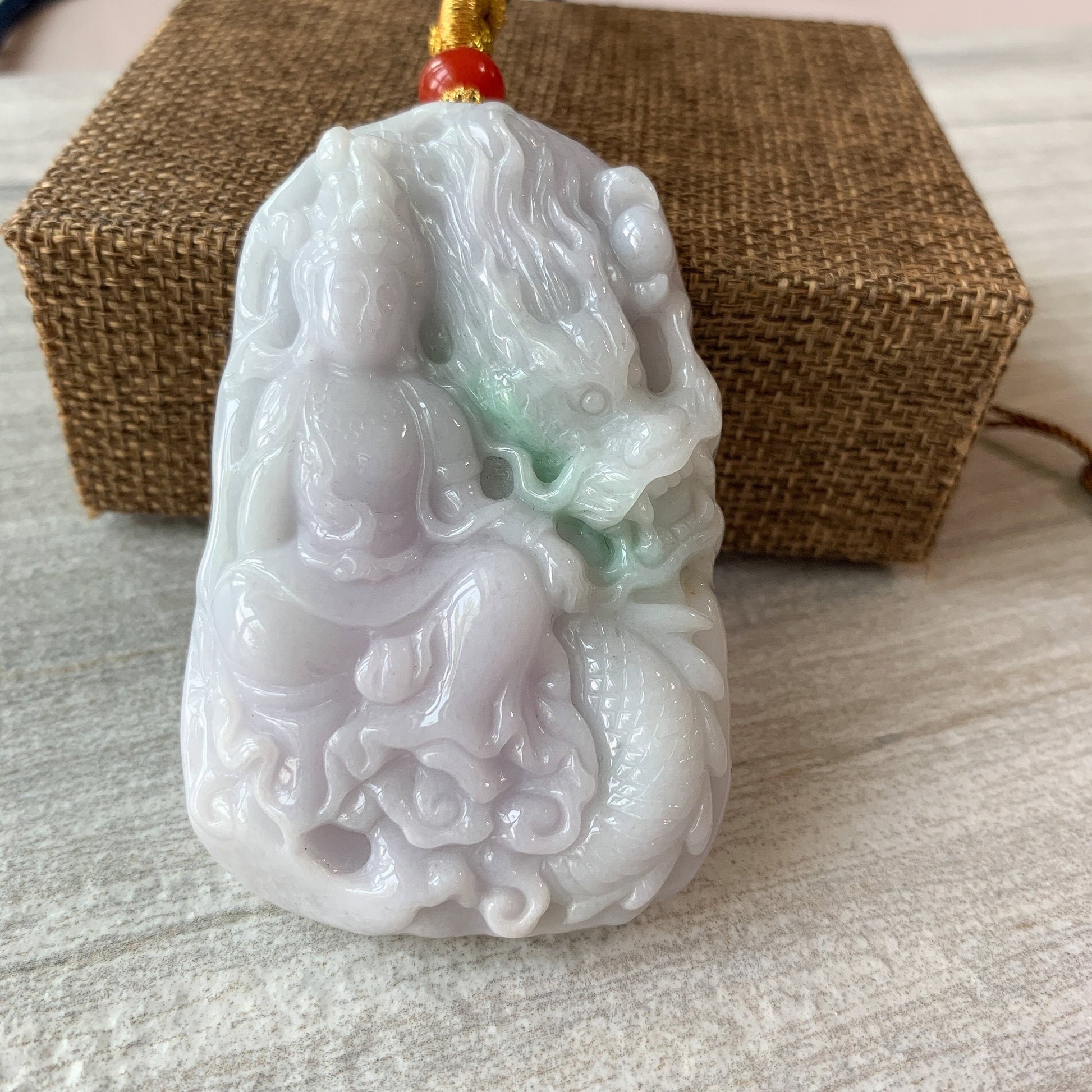 Jadeite Jade Guan Yin Kwan Yin Protected by Dragon Avalokitesvara Semi-Translucent Carved Pendant Necklace, YJ-0321-0351428 - AriaDesignCollection