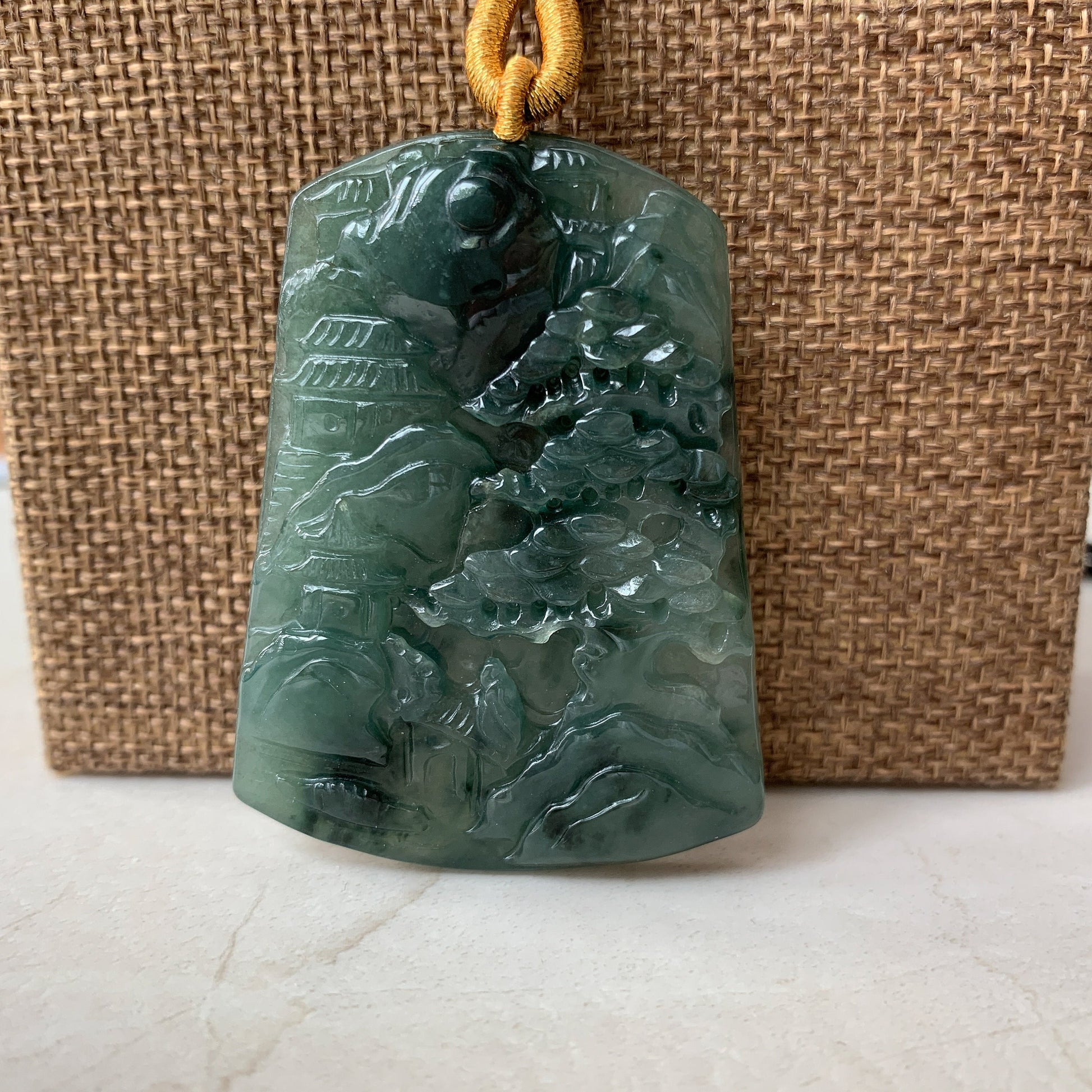 Jadeite Jade Landscape Tree Mountain Forest River Scenery Hand Carved Pendant Necklace, YJ-0321-0375807 - AriaDesignCollection
