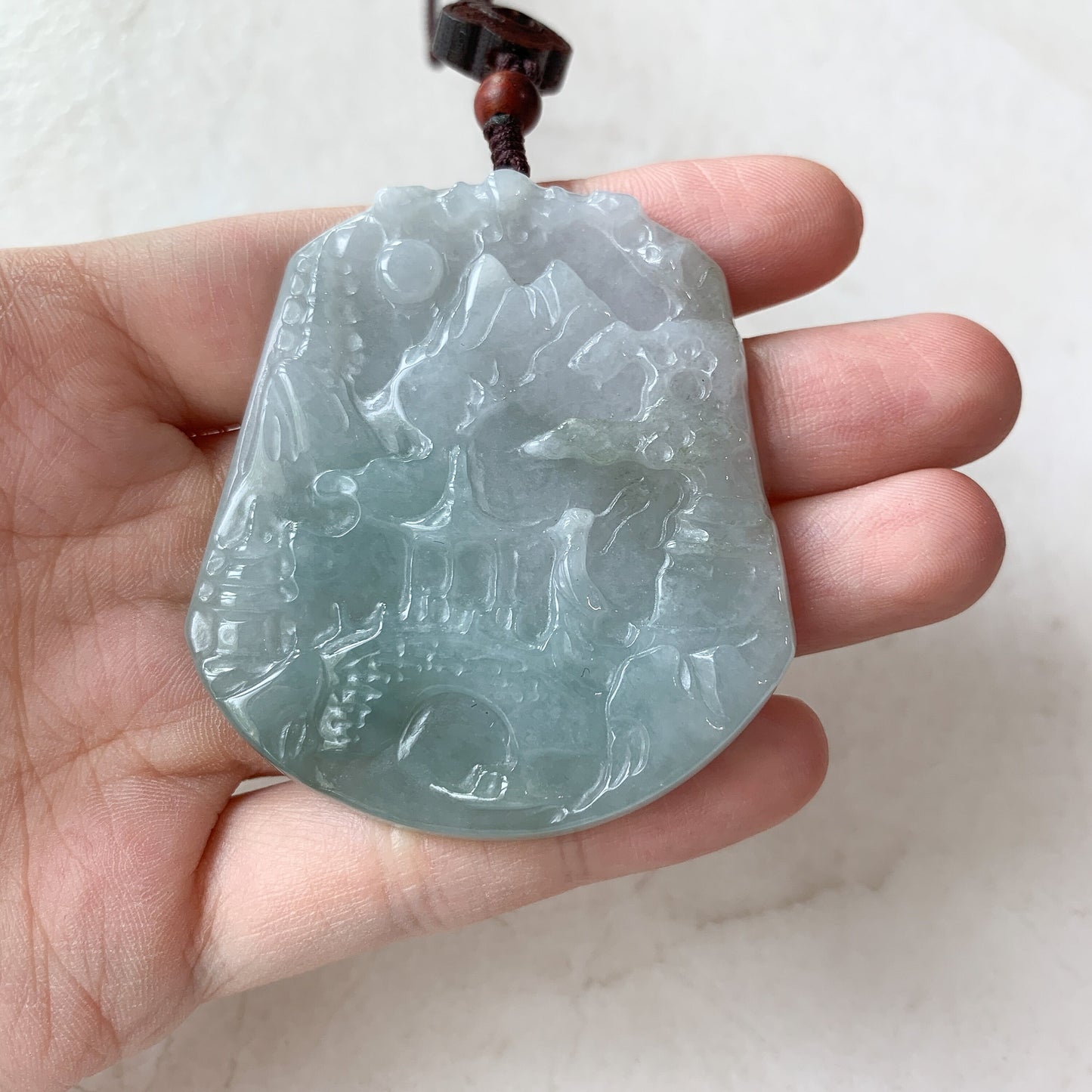 Jadeite Jade Landscape Mountain Forest River Scenery Hand Carved Pendant Necklace, YJ-0321-0439936 - AriaDesignCollection