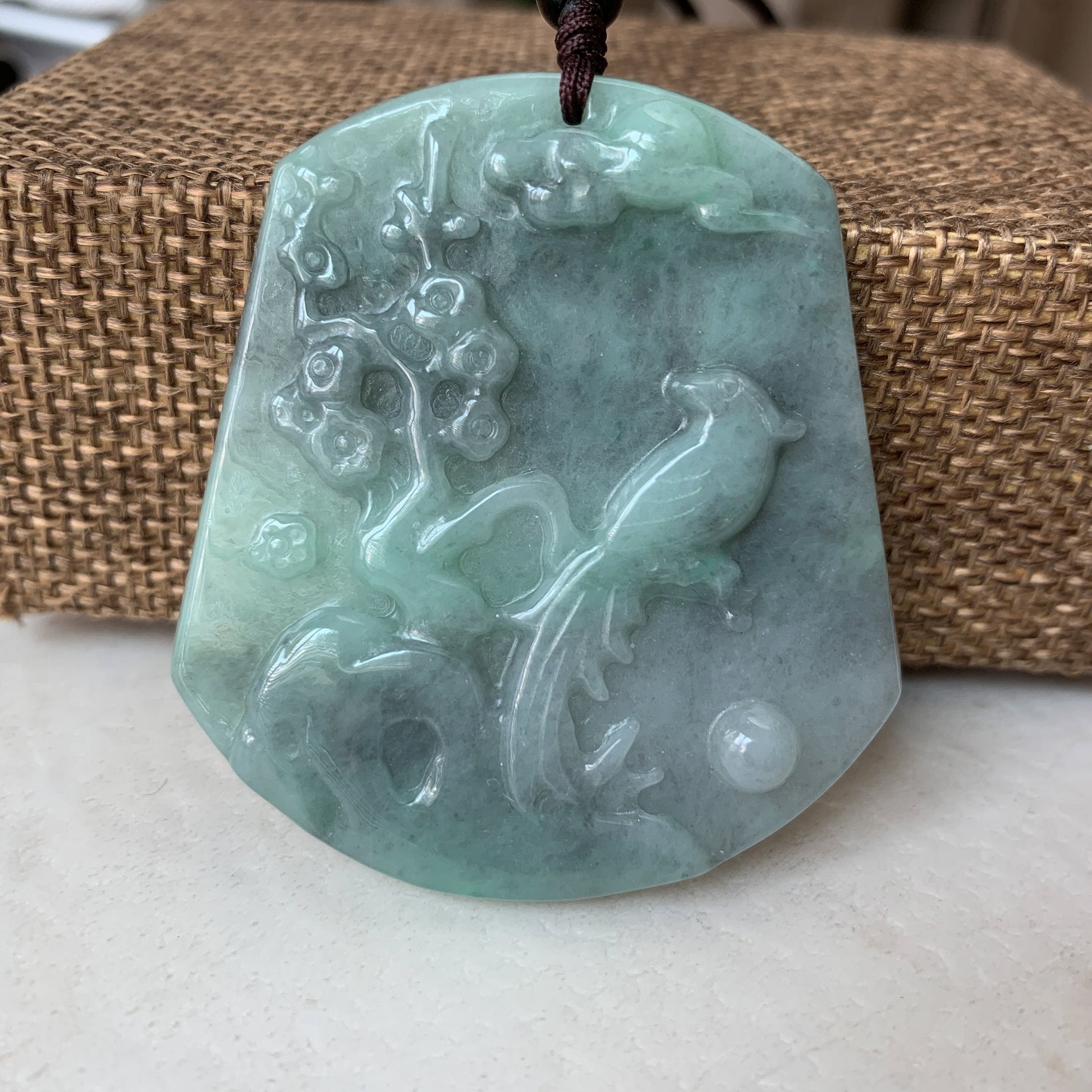 Jadeite Jade Magpie Bird Plum Flower Carved Pendant, YJ-0321-0376955 - AriaDesignCollection