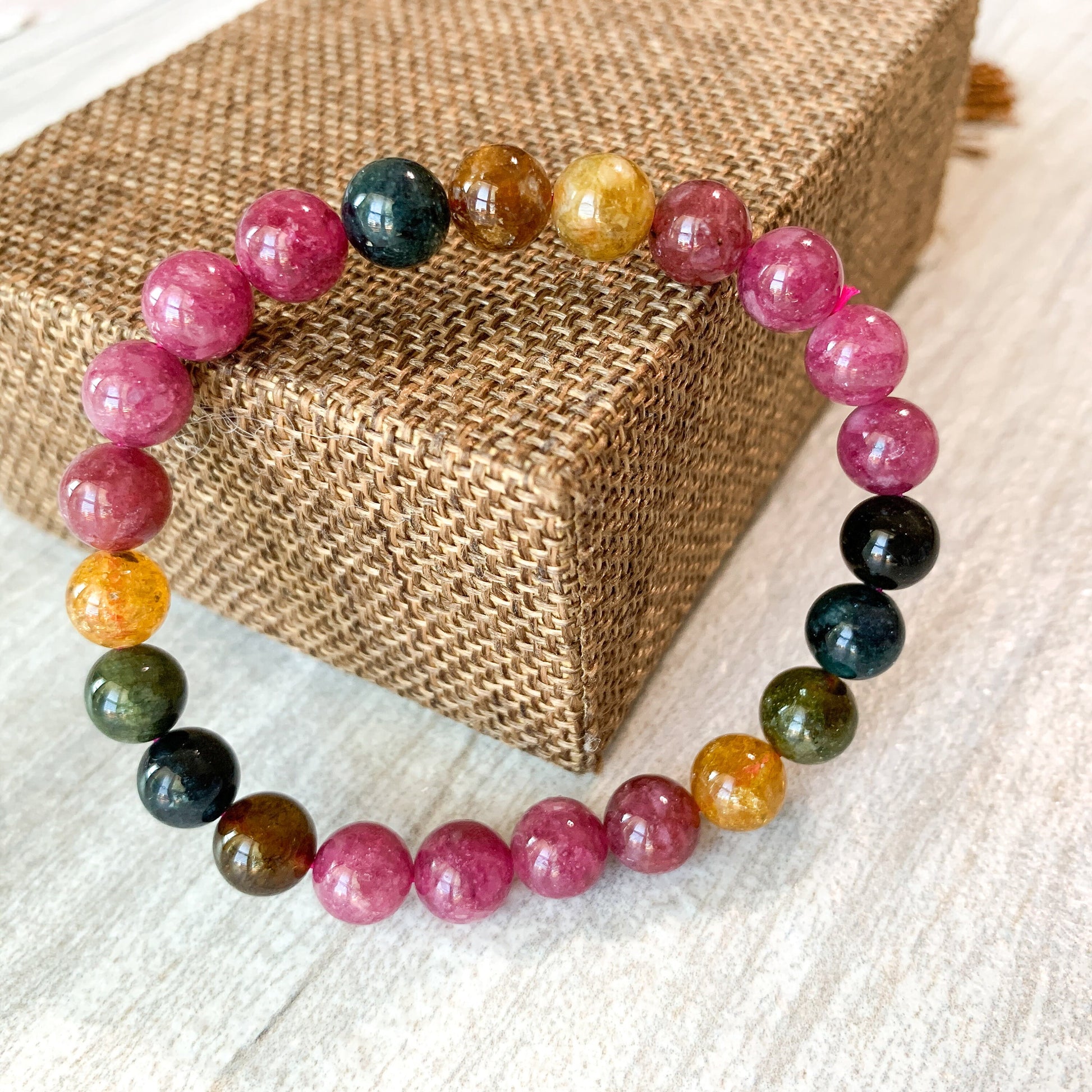 8 mm Natural Rainbow Tourmaline Bracelet Multi Color Tourmaline Bracelet, DP-0621-1647122215 - AriaDesignCollection