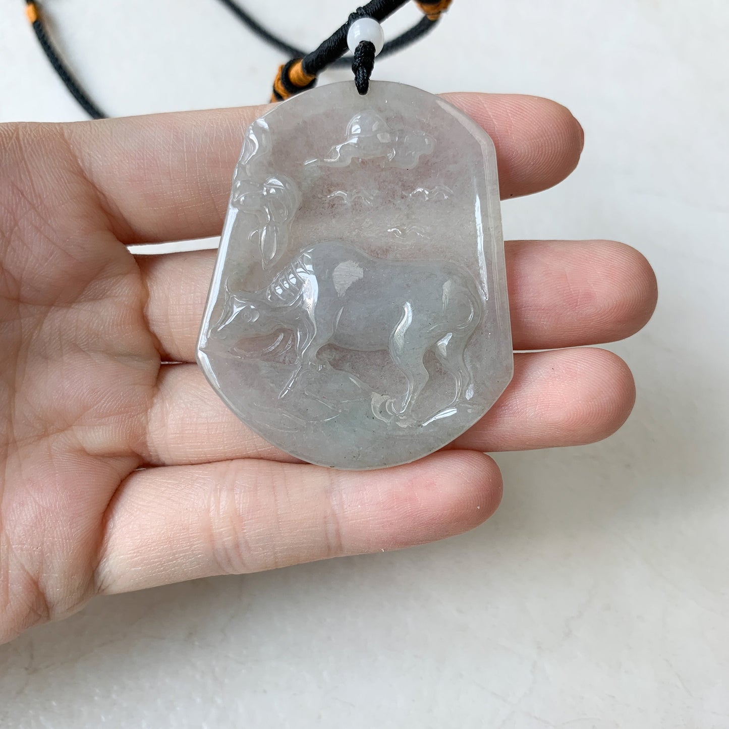 Icy Translucent Ox Jadeite Jade Bull Cow Chinese Zodiac Carved Pendant Necklace, YJ-0321-0320833 - AriaDesignCollection