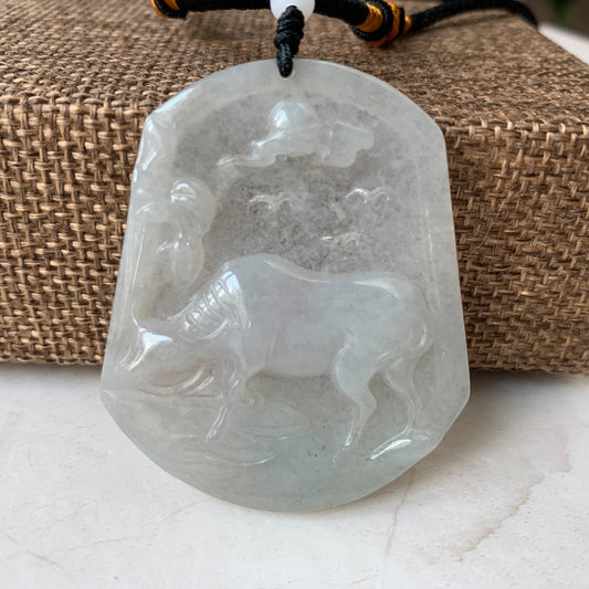 Icy Translucent Ox Jadeite Jade Bull Cow Chinese Zodiac Carved Pendant Necklace, YJ-0321-0320833 - AriaDesignCollection
