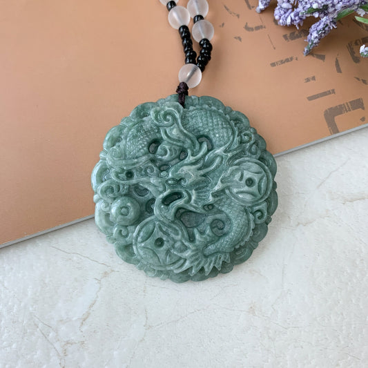 Large Jadeite Jade Dragon Chinese Zodiac Hand Carved Pendant Necklace, YJ-0321-0456848 - AriaDesignCollection