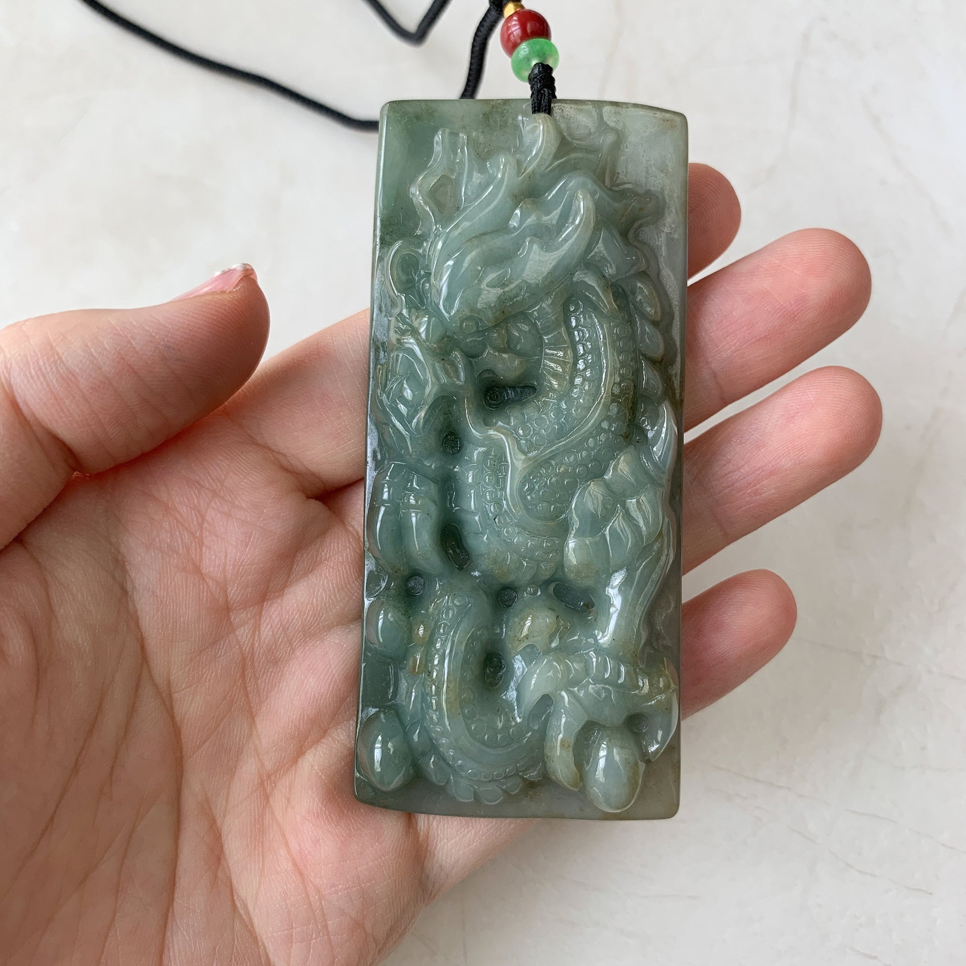 Large Jadeite Jade Dragon Chinese Zodiac Hand Carved Pendant Necklace, YJ-0321-0333009 - AriaDesignCollection