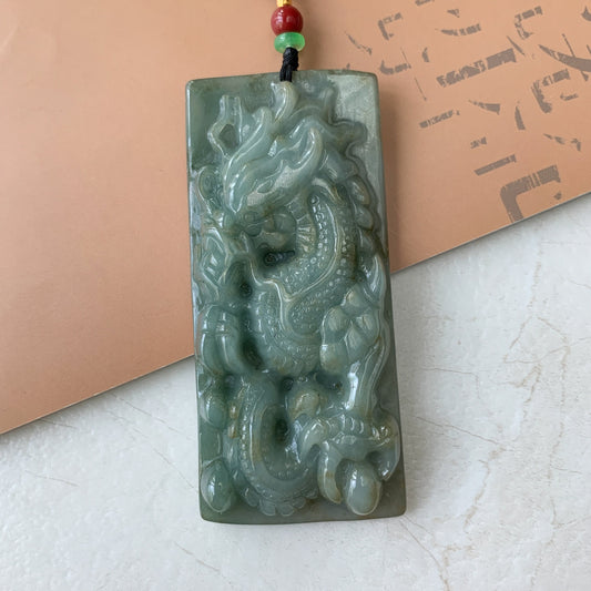 Large Jadeite Jade Dragon Chinese Zodiac Hand Carved Pendant Necklace, YJ-0321-0333009 - AriaDesignCollection