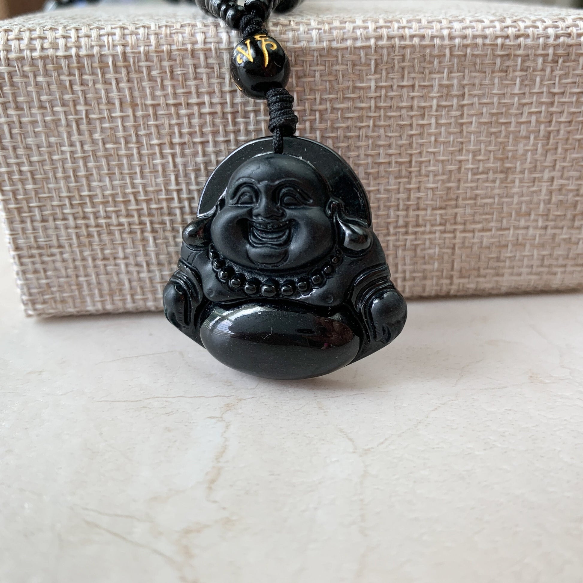 Black Jadeite Jade Omphacite Happy Laughing Buddha Necklace, YJ-0321-0328601 - AriaDesignCollection