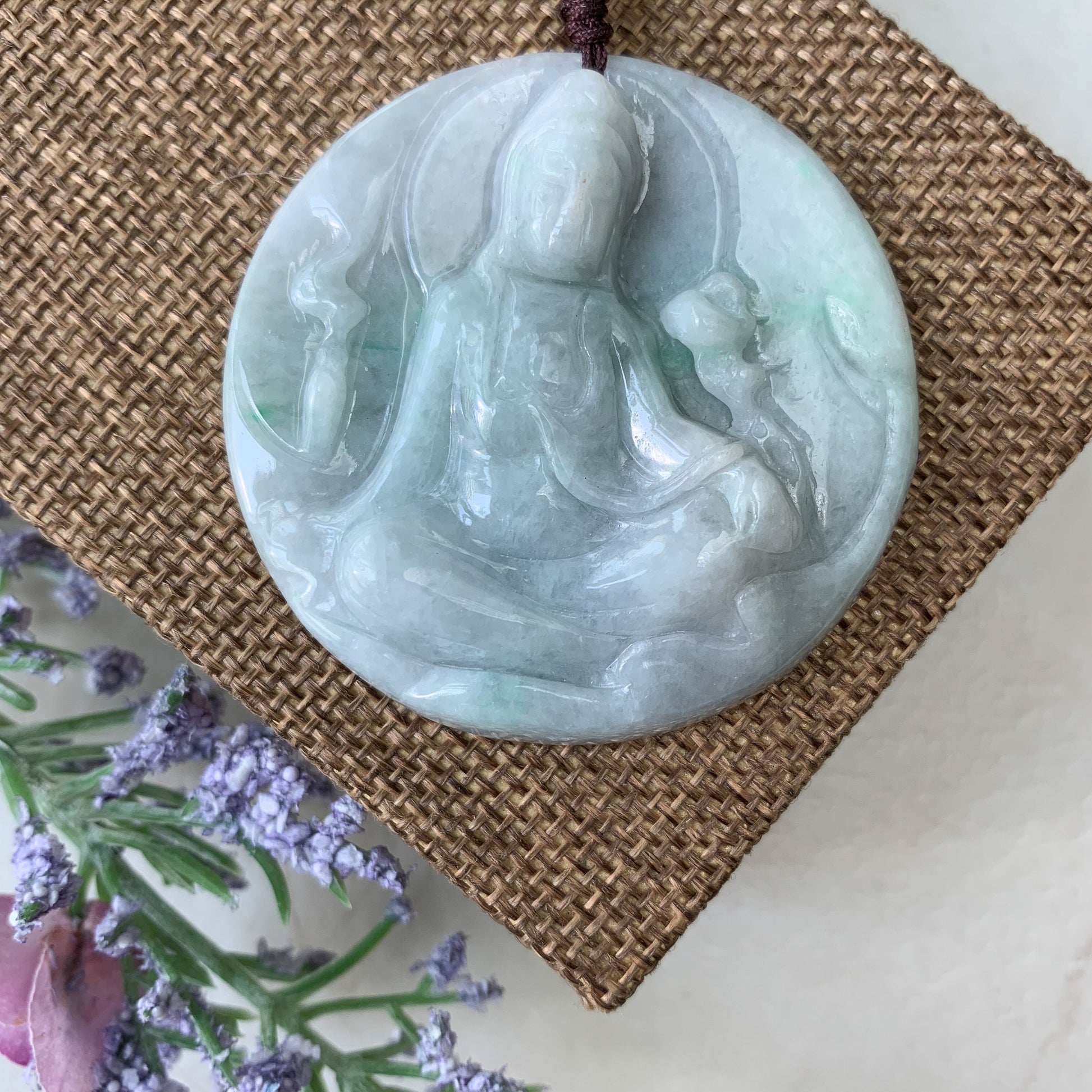 Large Jadeite Jade Guan Yin Avalokiteshvara Hand Carved Pendant Necklace, YJ-0321-0427195 - AriaDesignCollection