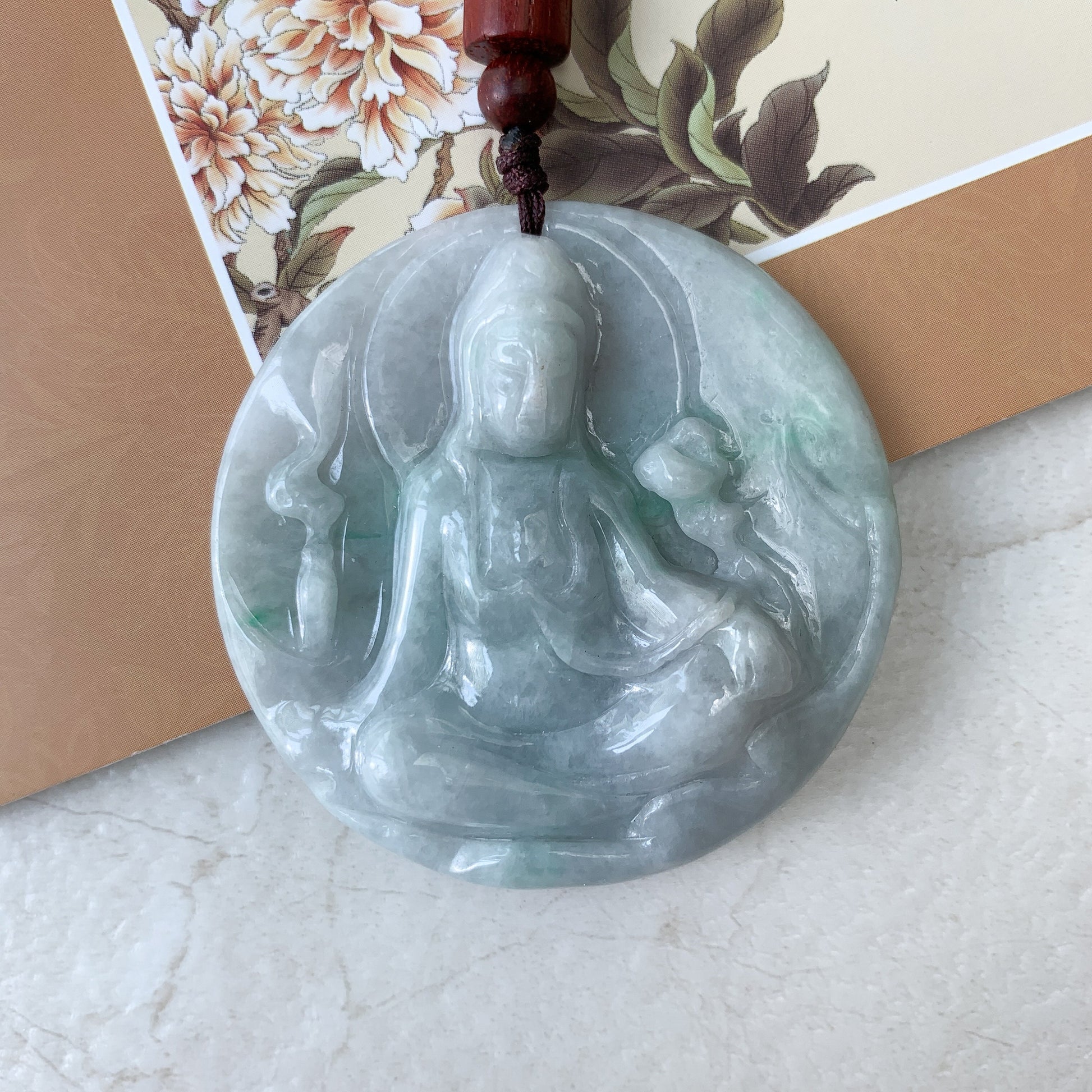 Large Jadeite Jade Guan Yin Avalokiteshvara Hand Carved Pendant Necklace, YJ-0321-0427195 - AriaDesignCollection