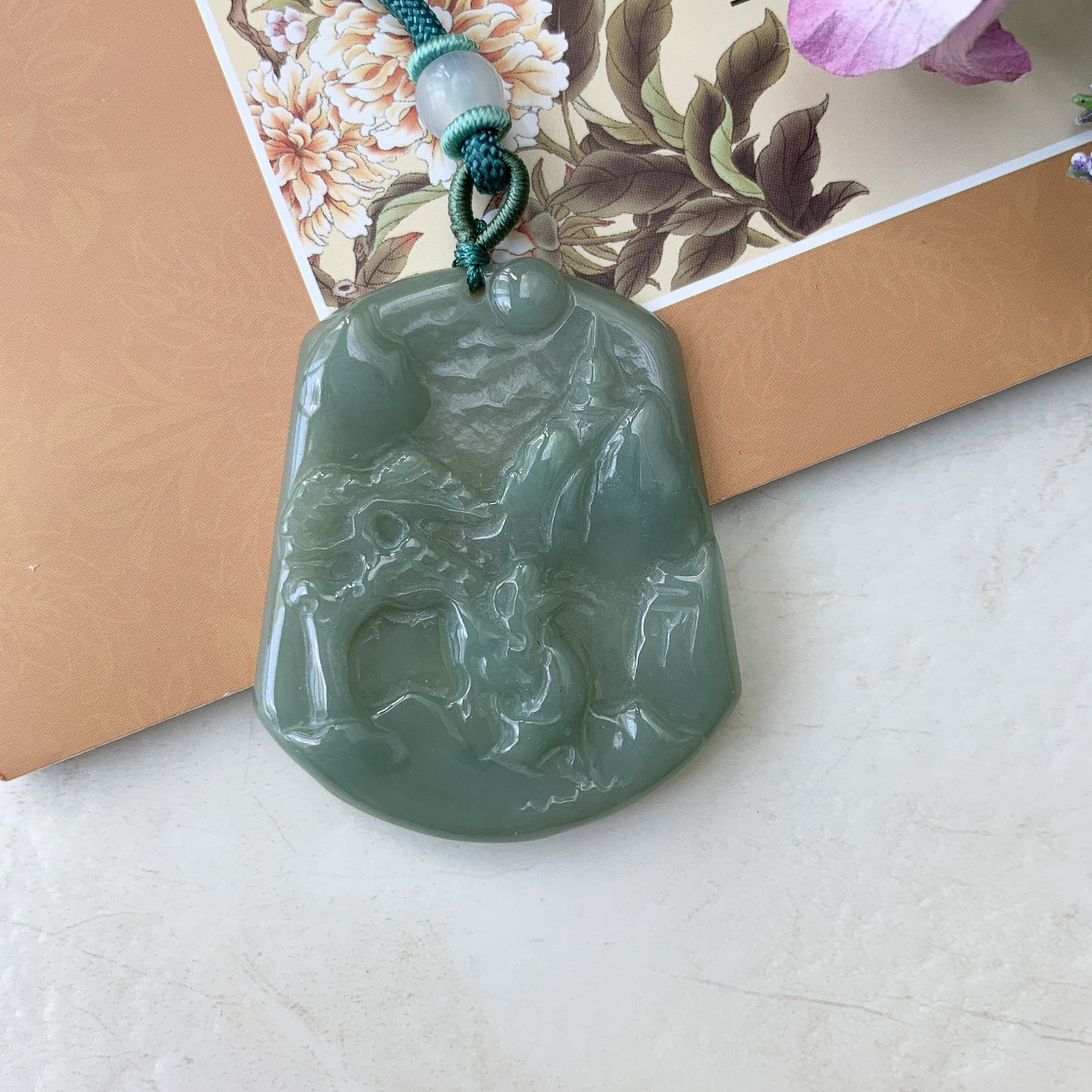Jadeite Jade Landscape Mountain Forest River Scenery Hand Carved Pendant Necklace, YJ-0110-0371037 - AriaDesignCollection