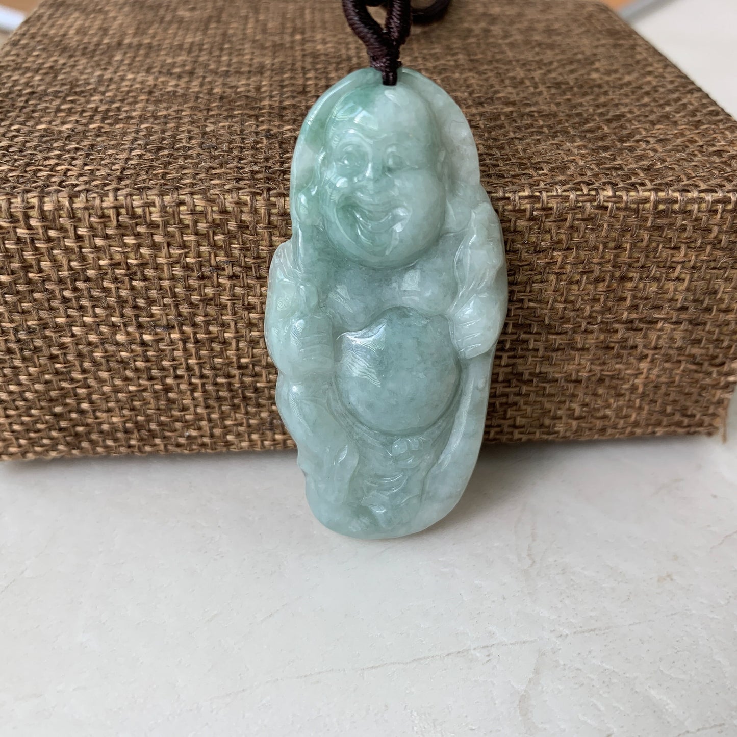 Green Jadeite Jade Buddha Hand Carved Pendant, Happy Laughing Buddha, Budai, YJ-0321-0384926 - AriaDesignCollection