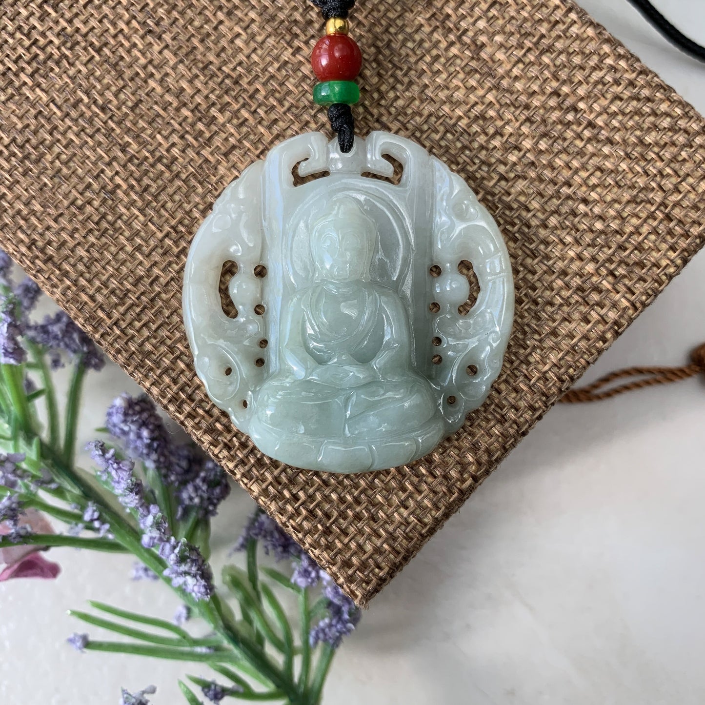 Jadeite Jade Vairocana Buddha Da Ri Ru Lai Carved Pendant Necklace, YJ-0321-0420064 - AriaDesignCollection