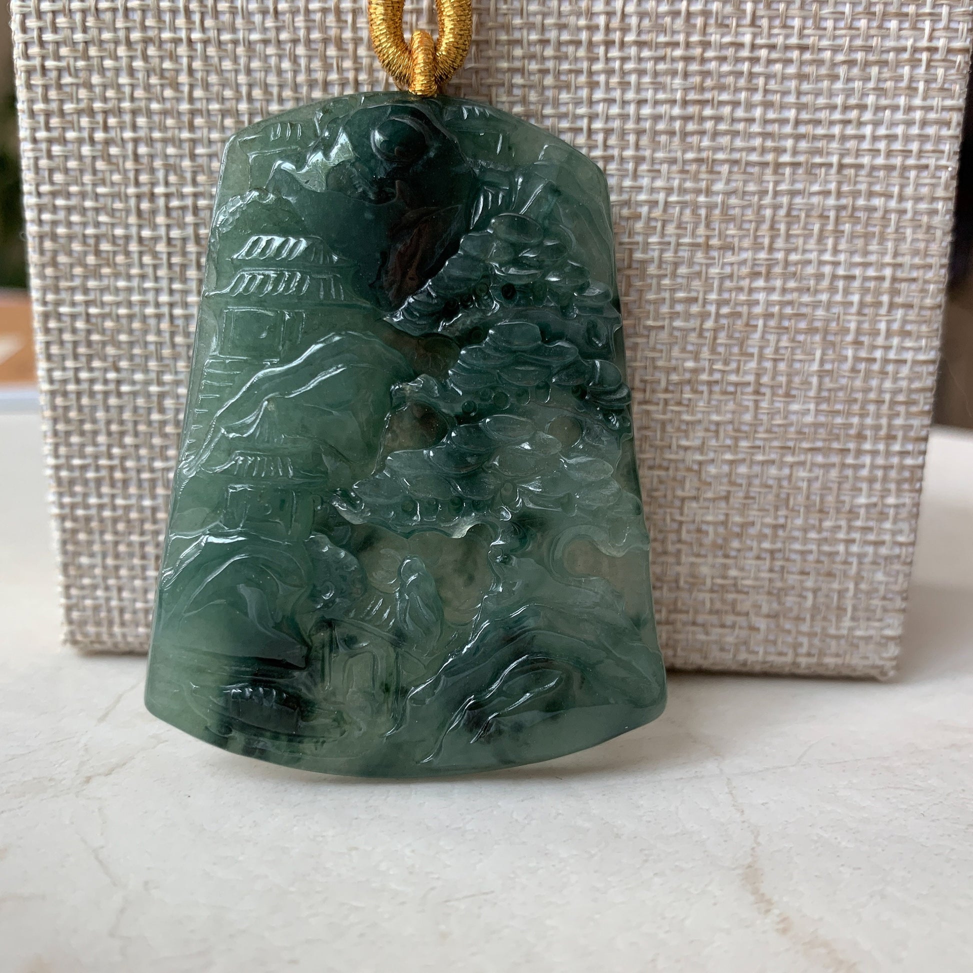 Jadeite Jade Landscape Tree Mountain Forest River Scenery Hand Carved Pendant Necklace, YJ-0321-0375807 - AriaDesignCollection