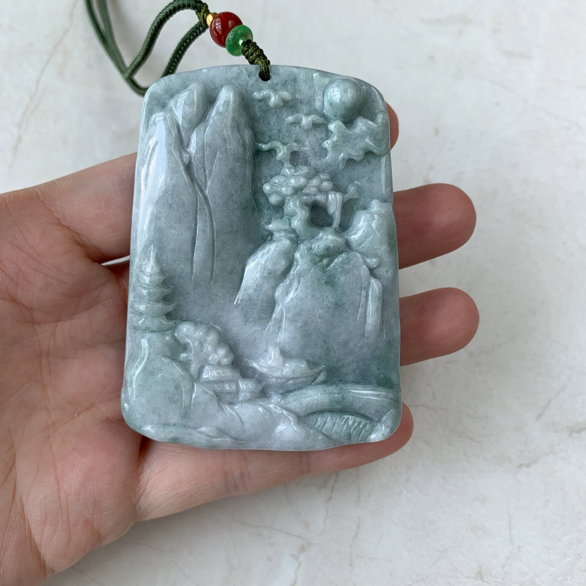 Very Large Jadeite Jade Landscape Mountain Forest River Scenery Hand Carved Pendant Necklace, YJ-0321-0437885 - AriaDesignCollection