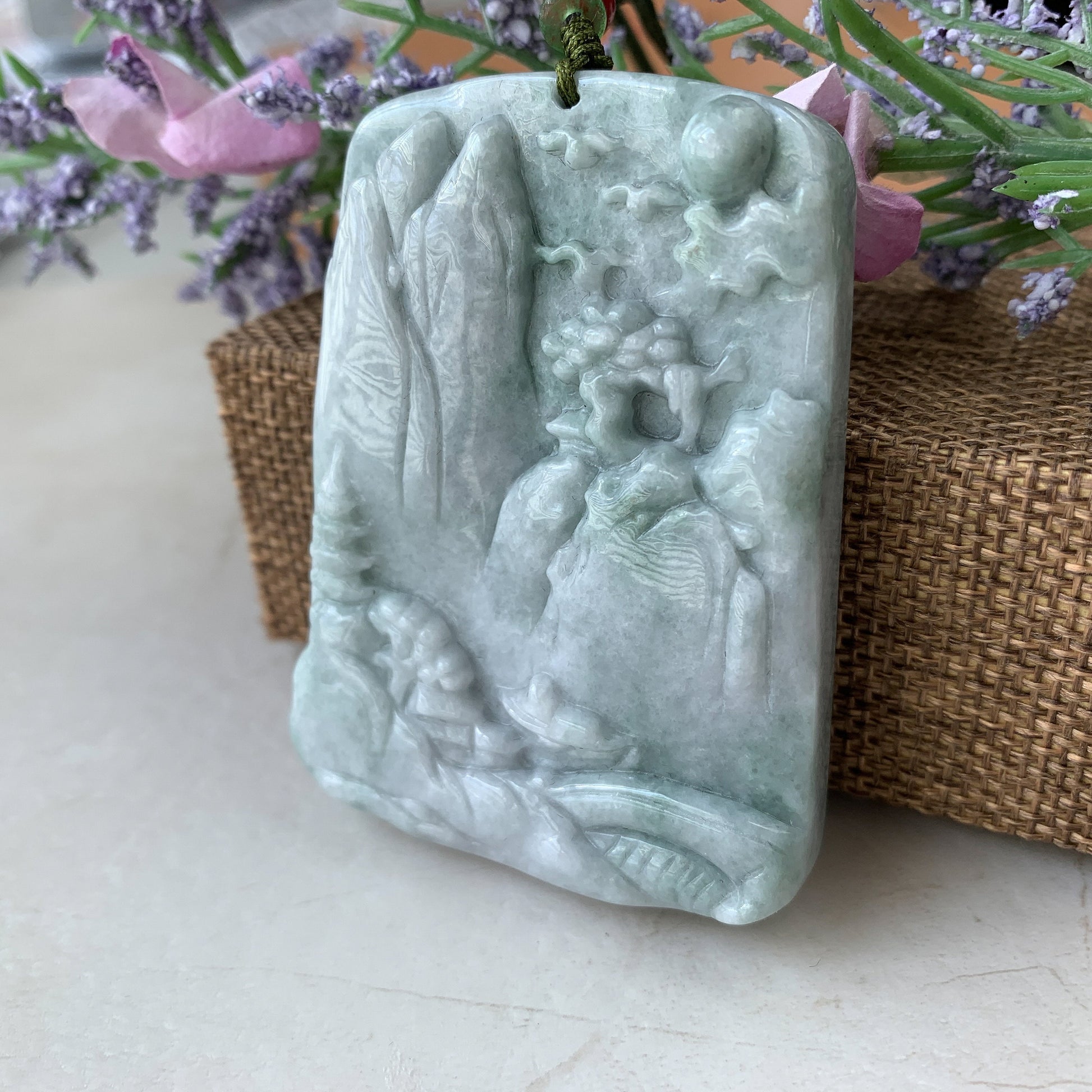 Very Large Jadeite Jade Landscape Mountain Forest River Scenery Hand Carved Pendant Necklace, YJ-0321-0437885 - AriaDesignCollection