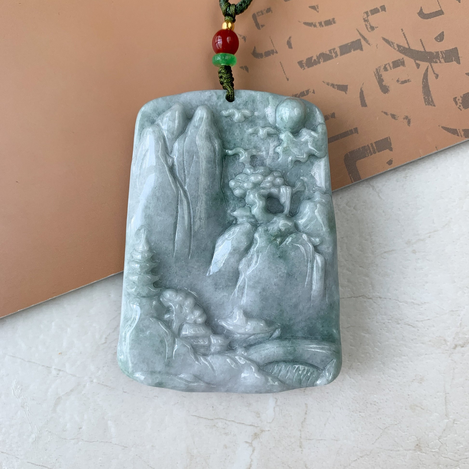 Very Large Jadeite Jade Landscape Mountain Forest River Scenery Hand Carved Pendant Necklace, YJ-0321-0437885 - AriaDesignCollection