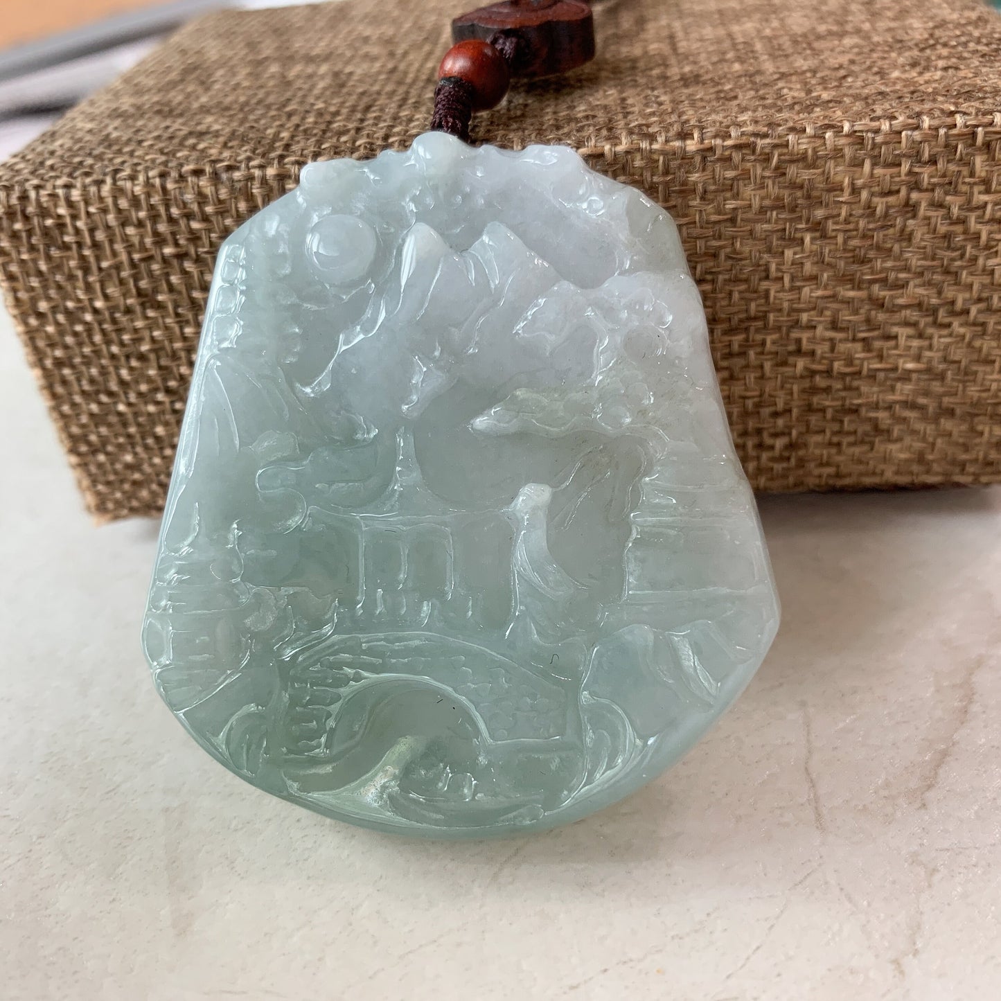 Jadeite Jade Landscape Mountain Forest River Scenery Hand Carved Pendant Necklace, YJ-0321-0439936 - AriaDesignCollection