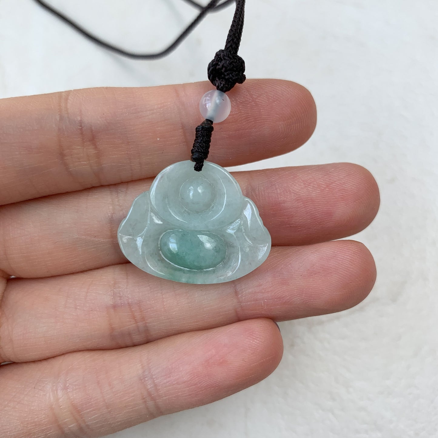 Small Green Jadeite Jade Happy Laughing Buddha Hand Carved Pendant Necklace, YJ-0321-045038 - AriaDesignCollection