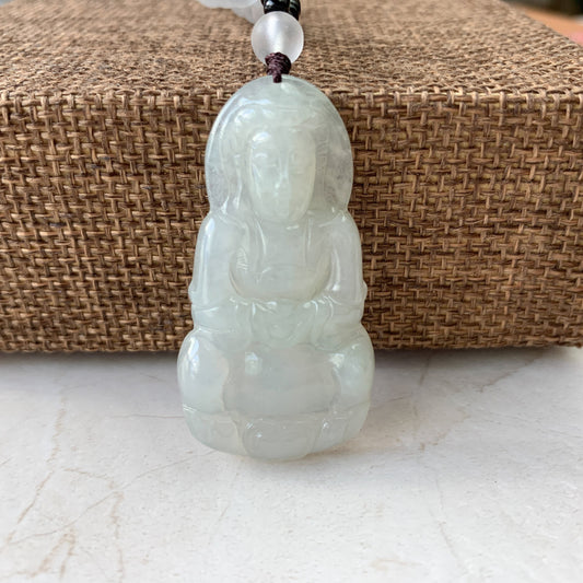 White Jadeite Jade Guan Yin Avalokiteshvara Hand Carved Pendant Necklace, Quan Am, YJ-0321-0375799 - AriaDesignCollection