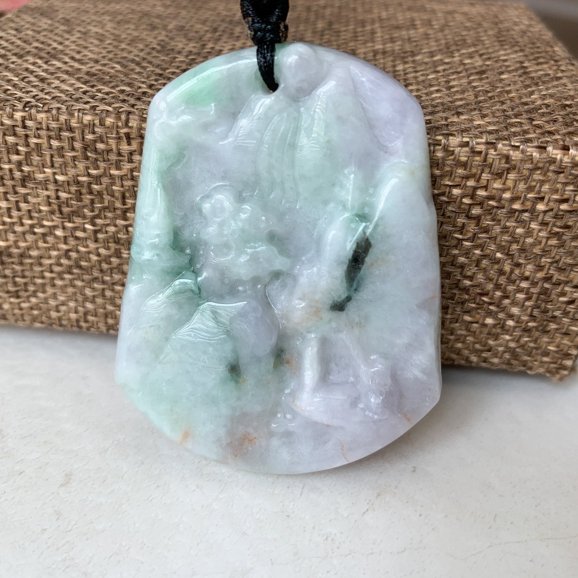 Jadeite Jade Landscape Mountain Forest River Scenery Hand Carved Pendant Necklace, YJ-0321-0396720 - AriaDesignCollection