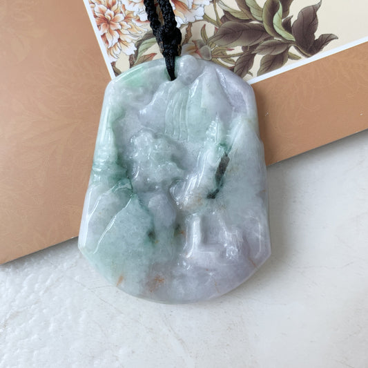 Jadeite Jade Landscape Mountain Forest River Scenery Hand Carved Pendant Necklace, YJ-0321-0396720 - AriaDesignCollection