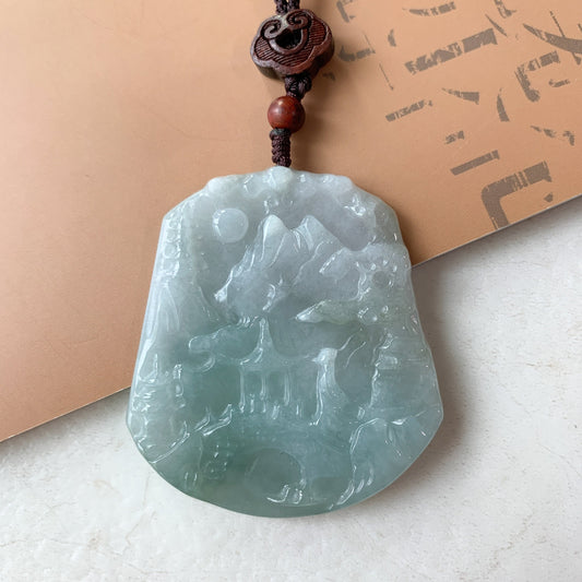 Jadeite Jade Landscape Mountain Forest River Scenery Hand Carved Pendant Necklace, YJ-0321-0439936 - AriaDesignCollection