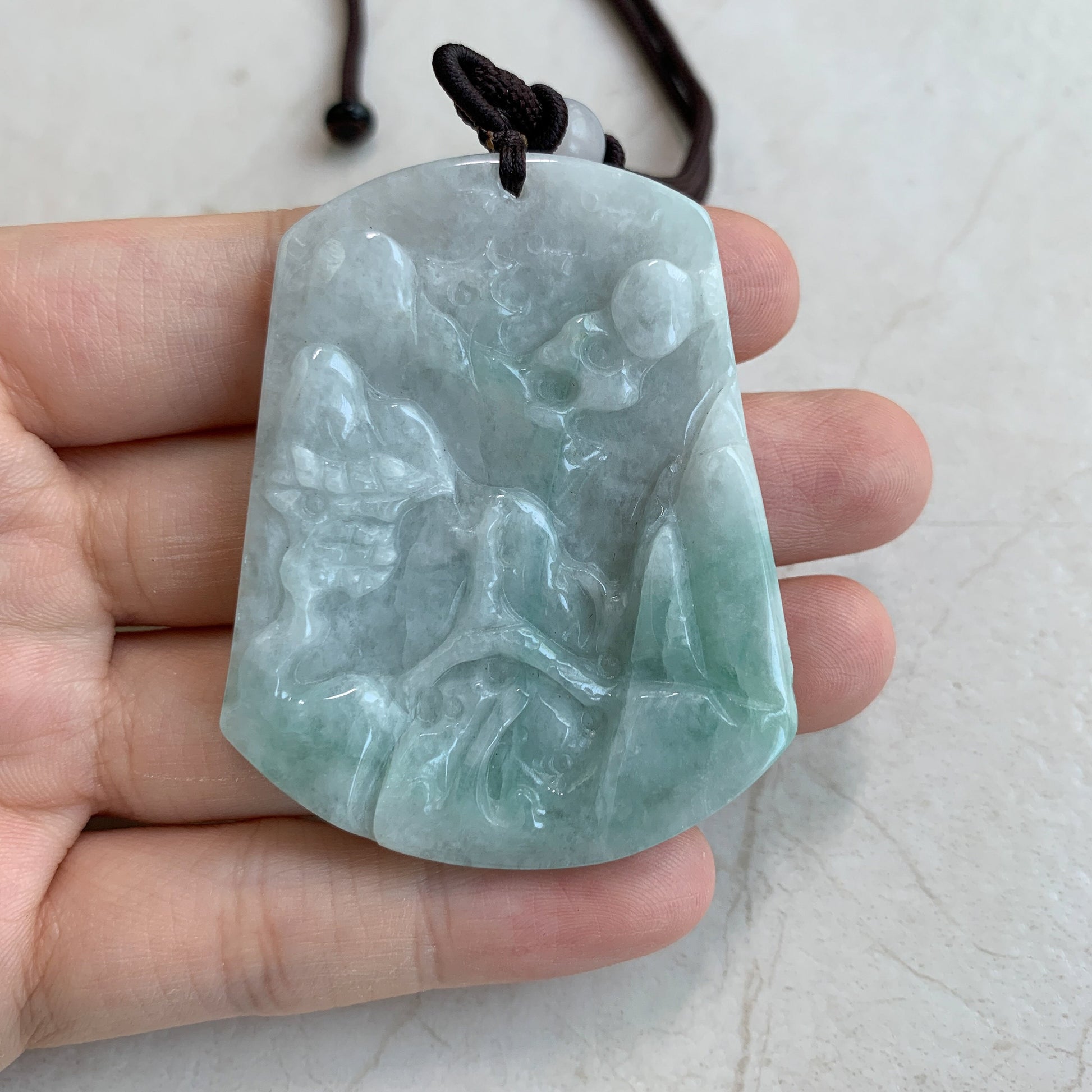 Jadeite Jade Landscape Mountain Forest River Scenery Hand Carved Pendant Necklace, YJ-0321-0320091 - AriaDesignCollection