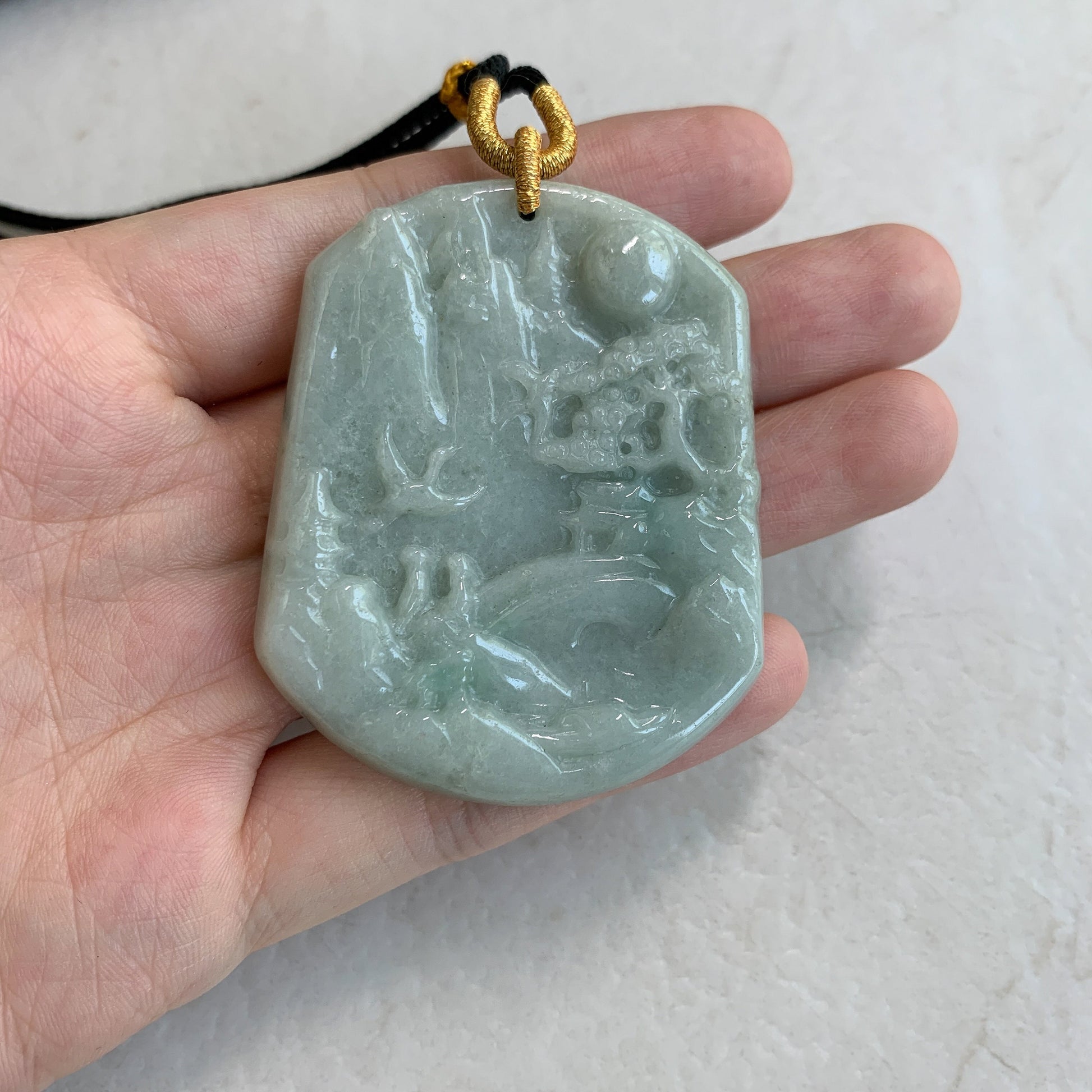 Jadeite Jade Landscape Mountain Forest River Scenery Hand Carved Pendant Necklace, YJ-0321-0437902 - AriaDesignCollection