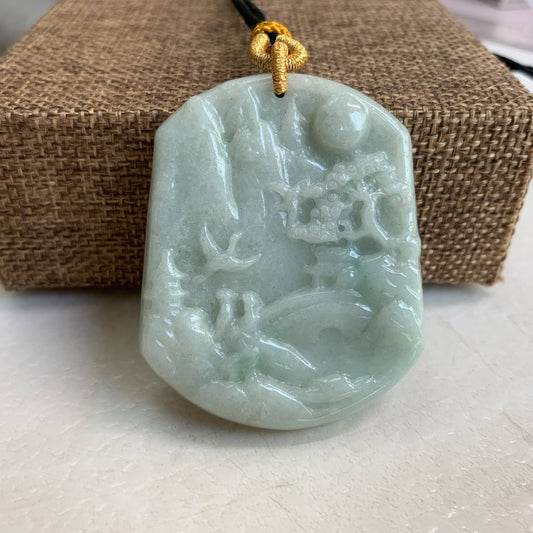 Jadeite Jade Landscape Mountain Forest River Scenery Hand Carved Pendant Necklace, YJ-0321-0437902 - AriaDesignCollection