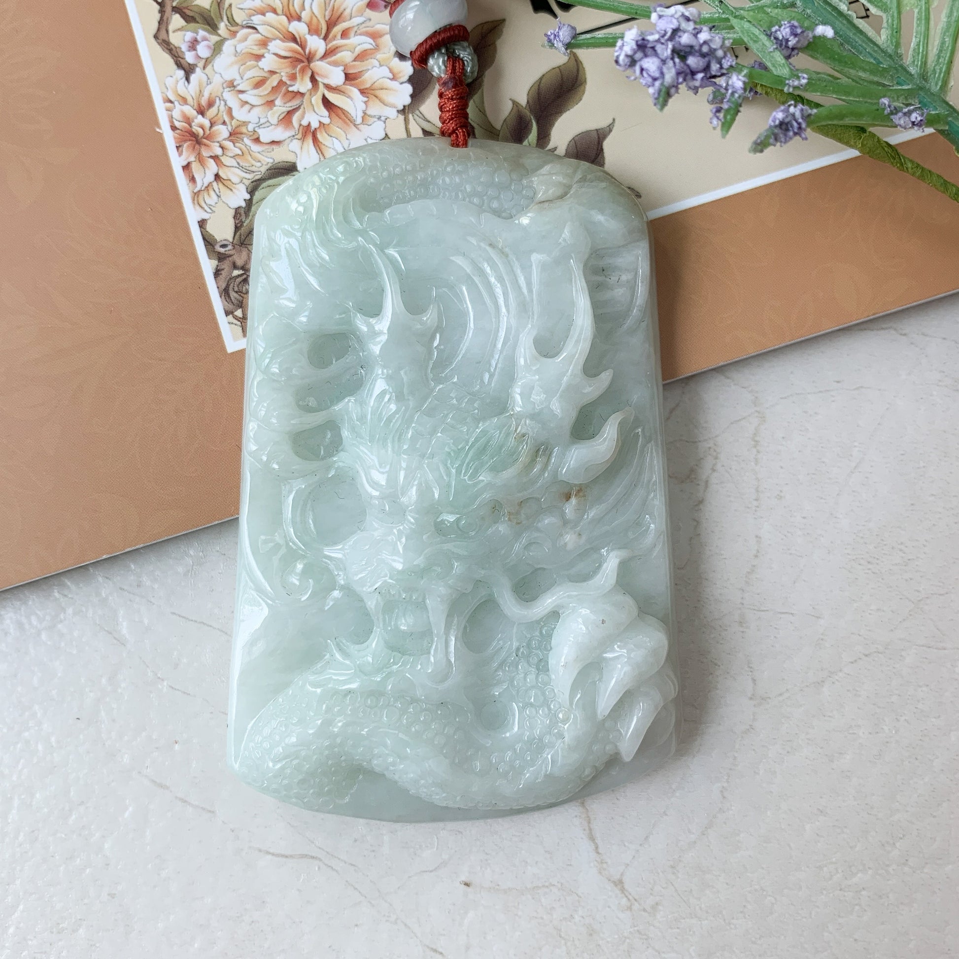 Large Jadeite Jade Dragon Chinese Zodiac Hand Carved Pendant Necklace, YJ-0321-0351384 - AriaDesignCollection