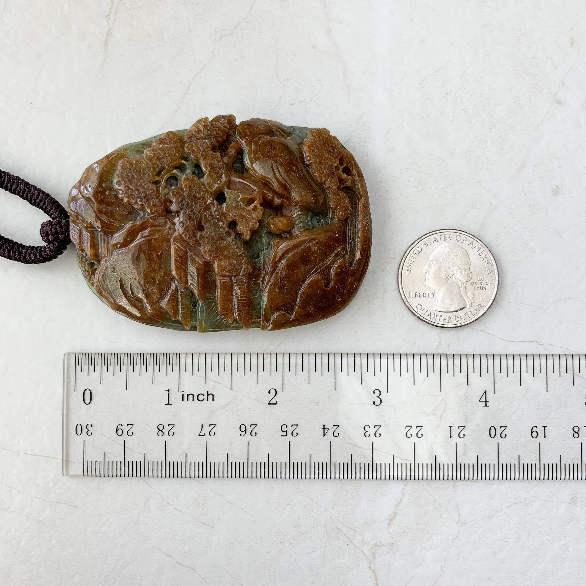 Jadeite Jade Yellow and Red Landscape Mountain Forest River Scenery Hand Carved Pendant Necklace, YJ-0321-0426967 - AriaDesignCollection