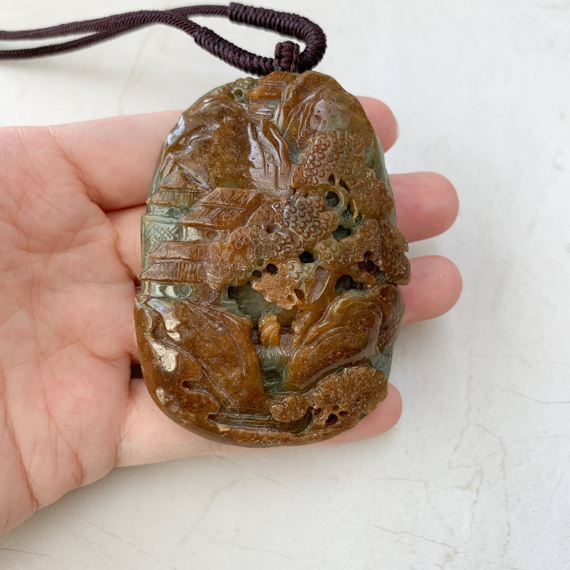 Jadeite Jade Yellow and Red Landscape Mountain Forest River Scenery Hand Carved Pendant Necklace, YJ-0321-0426967 - AriaDesignCollection