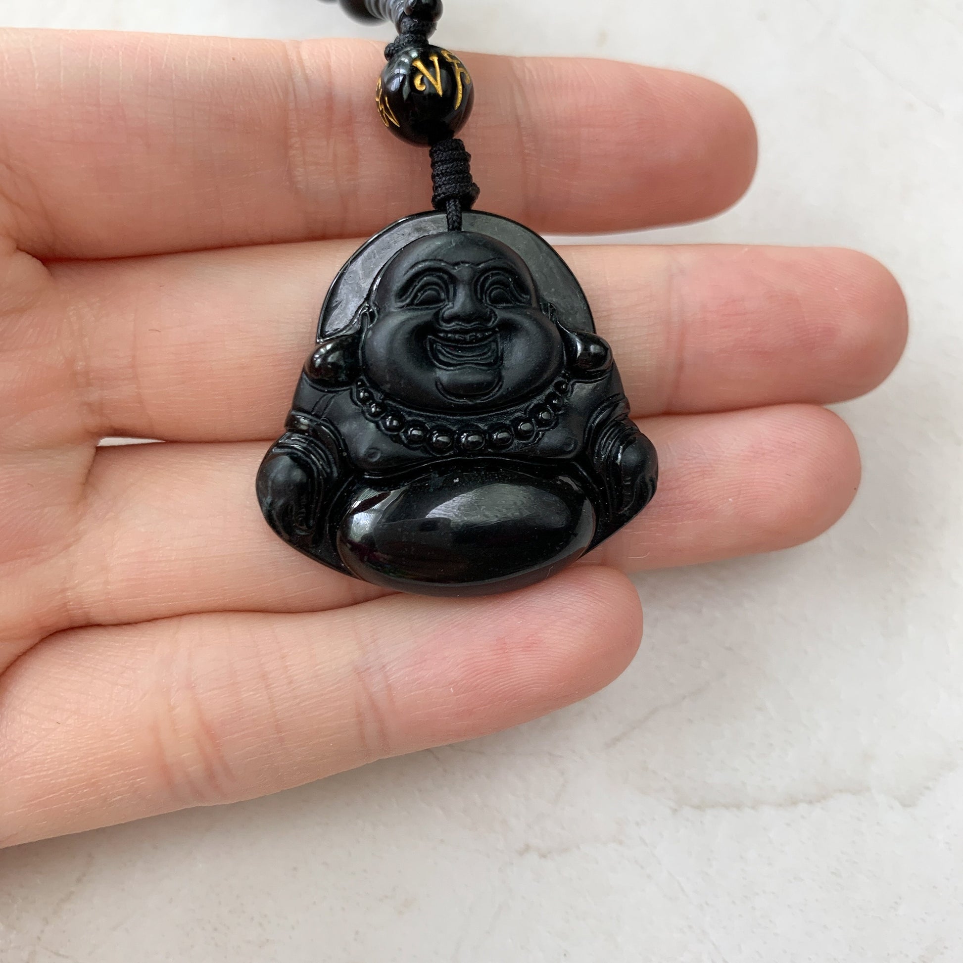 Black Jadeite Jade Omphacite Happy Laughing Buddha Necklace, YJ-0321-0328601 - AriaDesignCollection