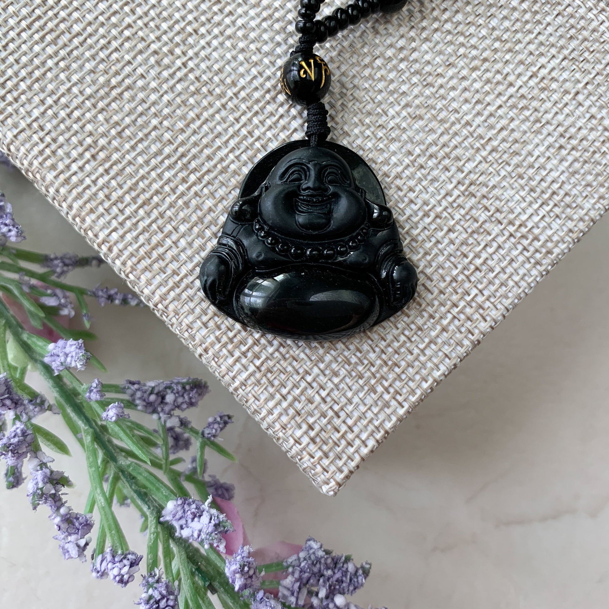 Black Jadeite Jade Omphacite Happy Laughing Buddha Necklace, YJ-0321-0328601 - AriaDesignCollection