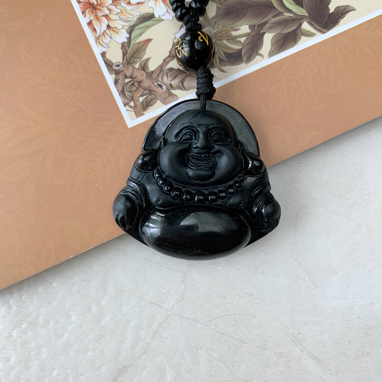 Black Jadeite Jade Omphacite Happy Laughing Buddha Necklace, YJ-0321-0328601 - AriaDesignCollection