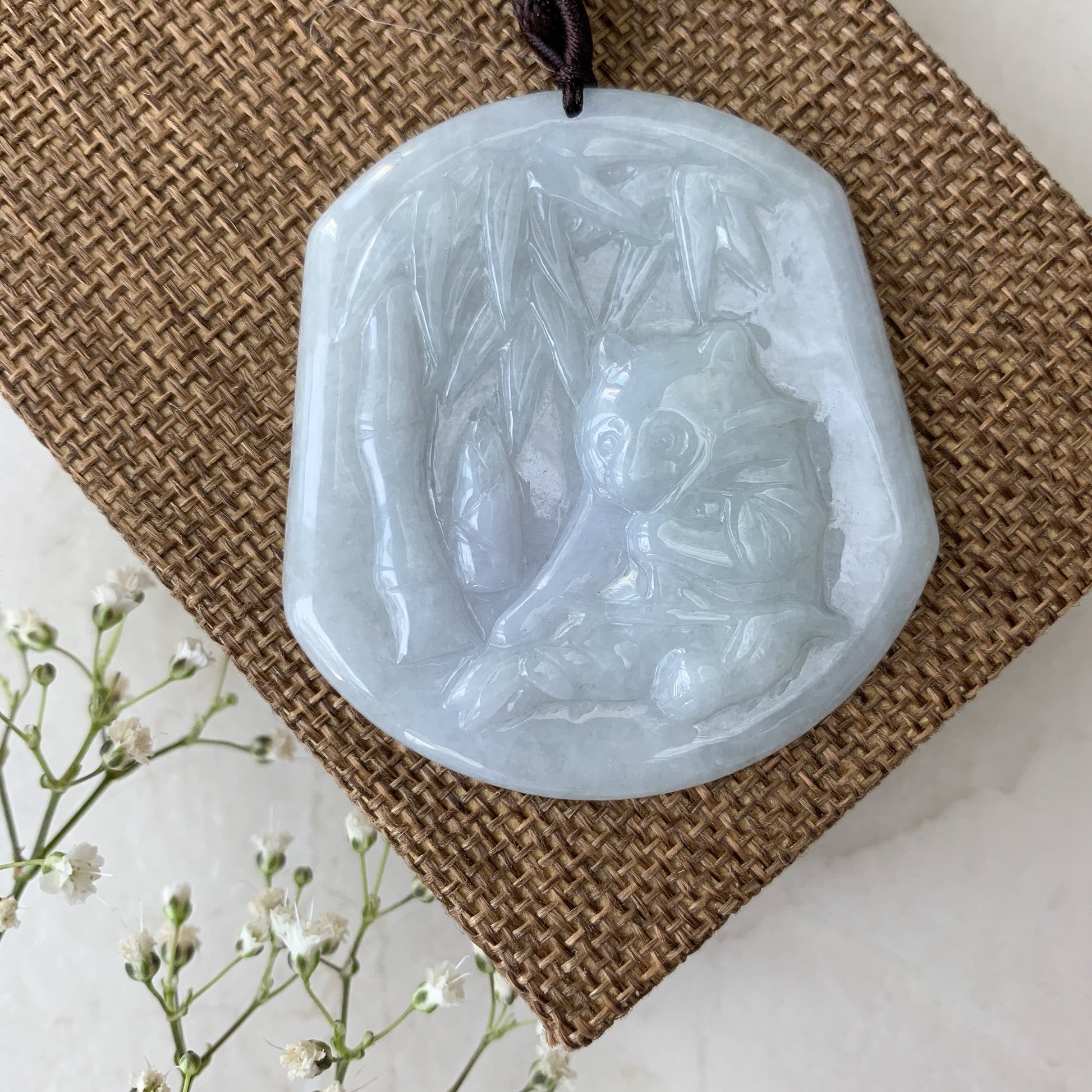 Jadeite Jade Panda with Bamboo Hand Carved Pendant Necklace, YJ-0321-0324771 - AriaDesignCollection