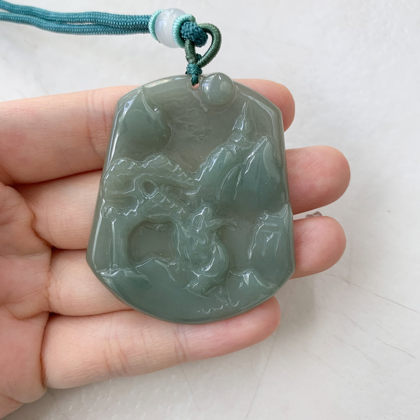 Jadeite Jade Landscape Mountain Forest River Scenery Hand Carved Pendant Necklace, YJ-0110-0371037 - AriaDesignCollection