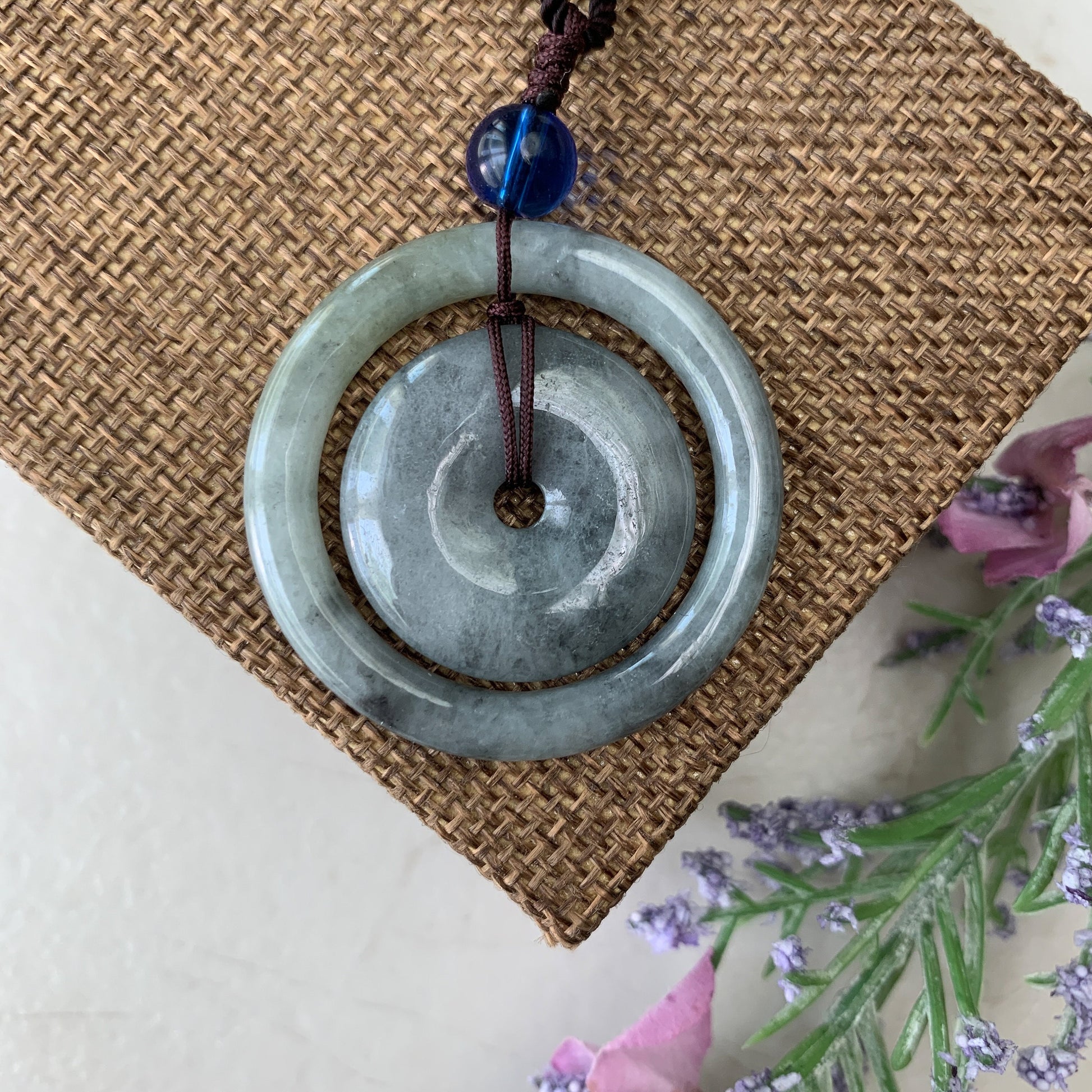 Black Gray Jadeite Jade Dual Circle Donut Carved Necklace, YJ-0321-0443630-1 - AriaDesignCollection