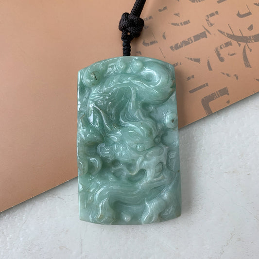 Large Jadeite Jade Dragon Chinese Zodiac Hand Carved Pendant Necklace, YJ-0321-0324504 - AriaDesignCollection