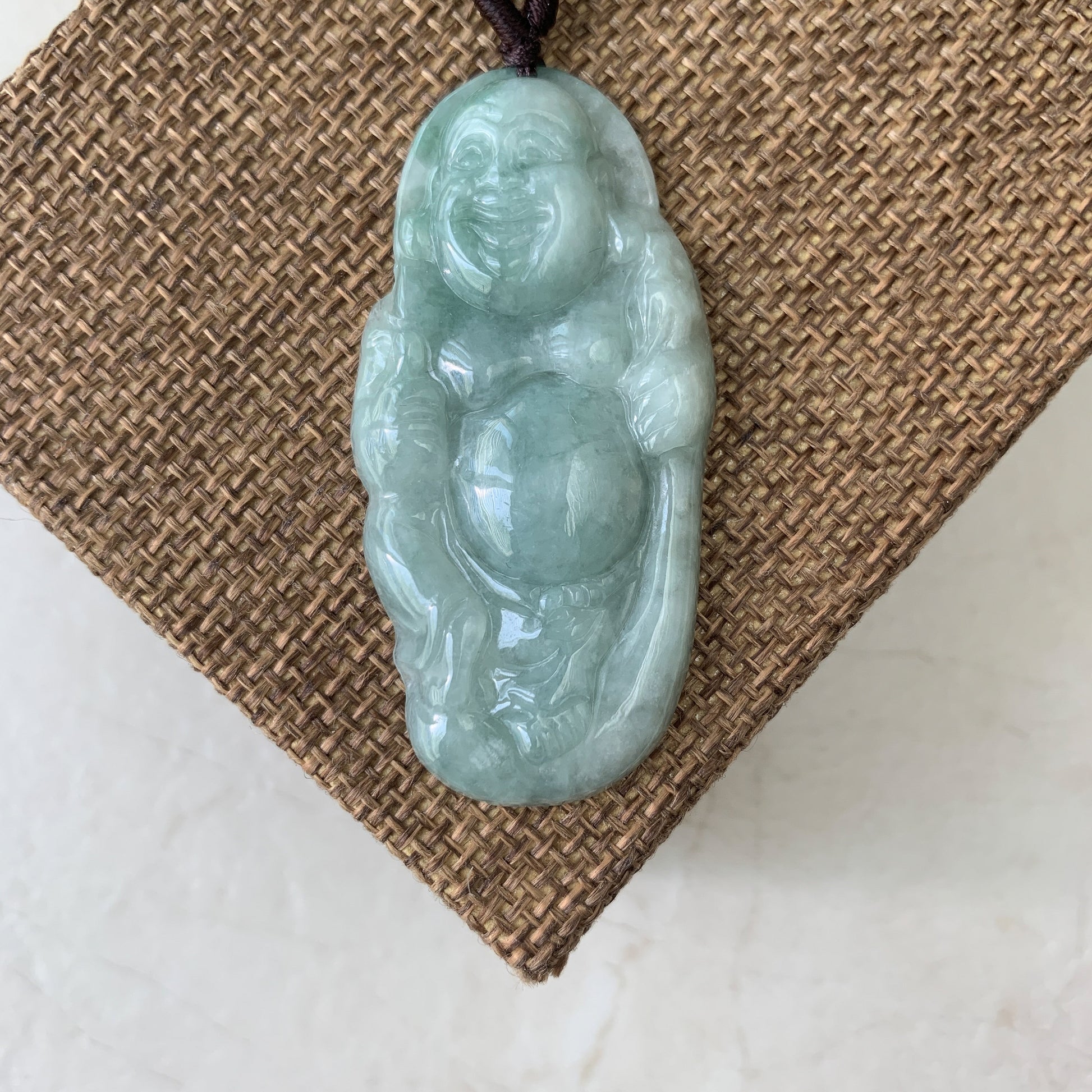 Green Jadeite Jade Buddha Hand Carved Pendant, Happy Laughing Buddha, Budai, YJ-0321-0384926 - AriaDesignCollection