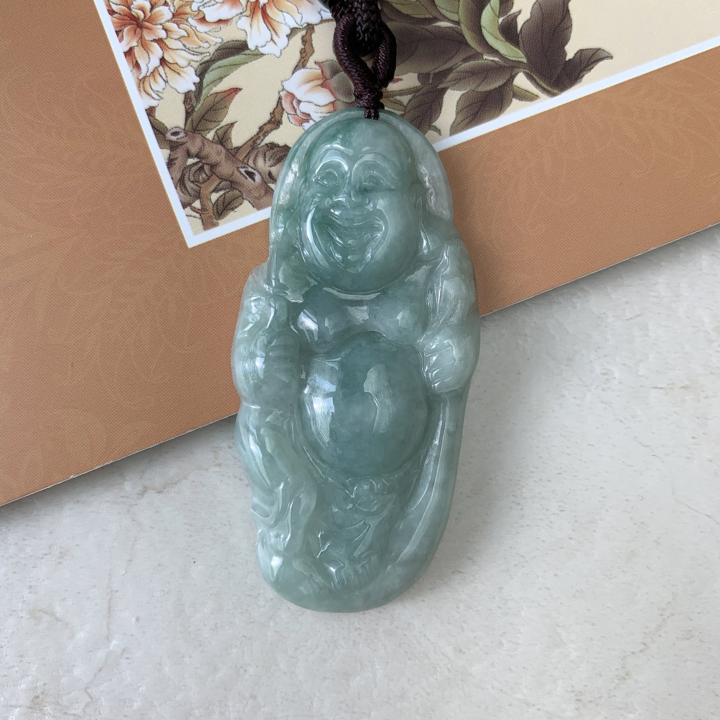 Green Jadeite Jade Buddha Hand Carved Pendant, Happy Laughing Buddha, Budai, YJ-0321-0384926 - AriaDesignCollection