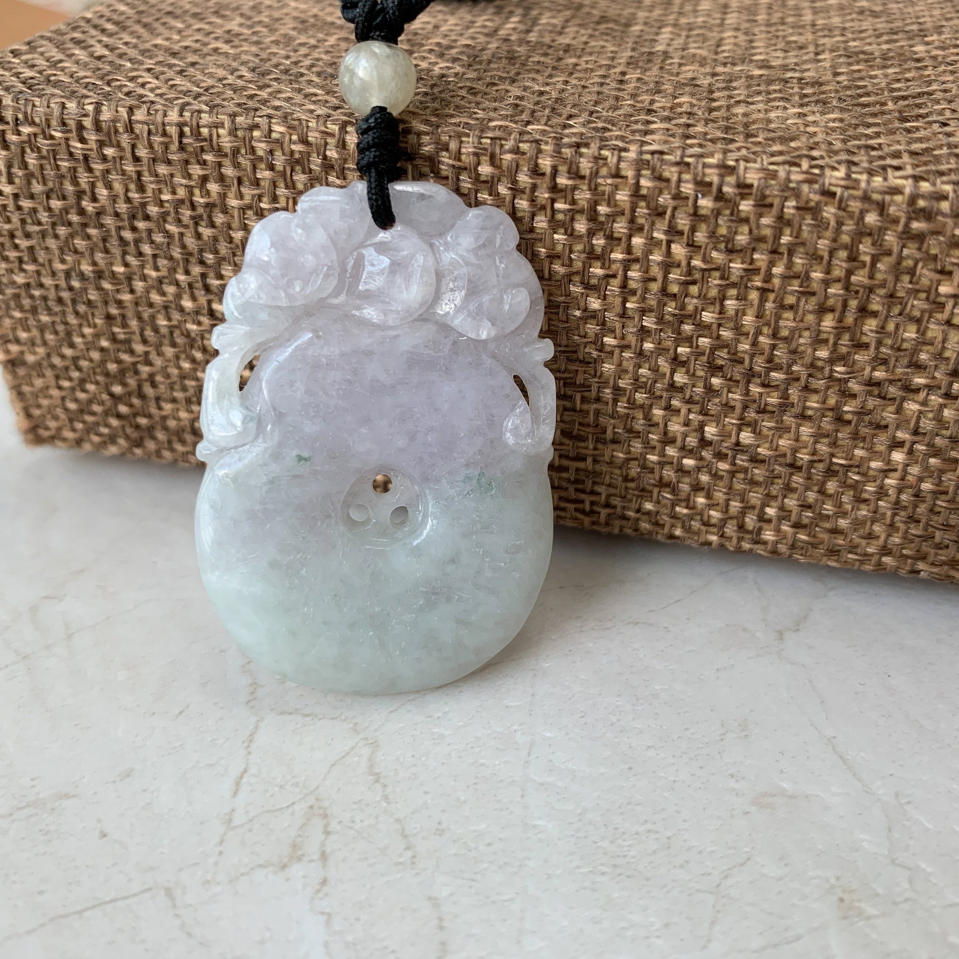 Rustic Light Purple Jadeite Jade Peach Carved Necklace, YW-0110-1646840486 - AriaDesignCollection