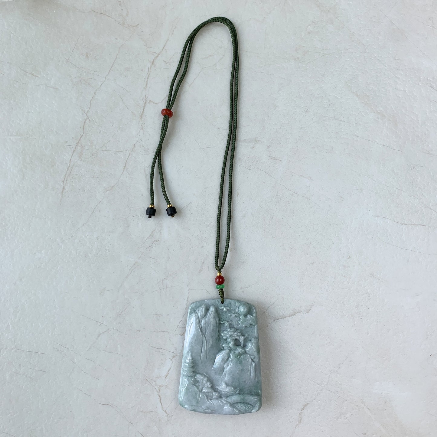 Very Large Jadeite Jade Landscape Mountain Forest River Scenery Hand Carved Pendant Necklace, YJ-0321-0437885 - AriaDesignCollection