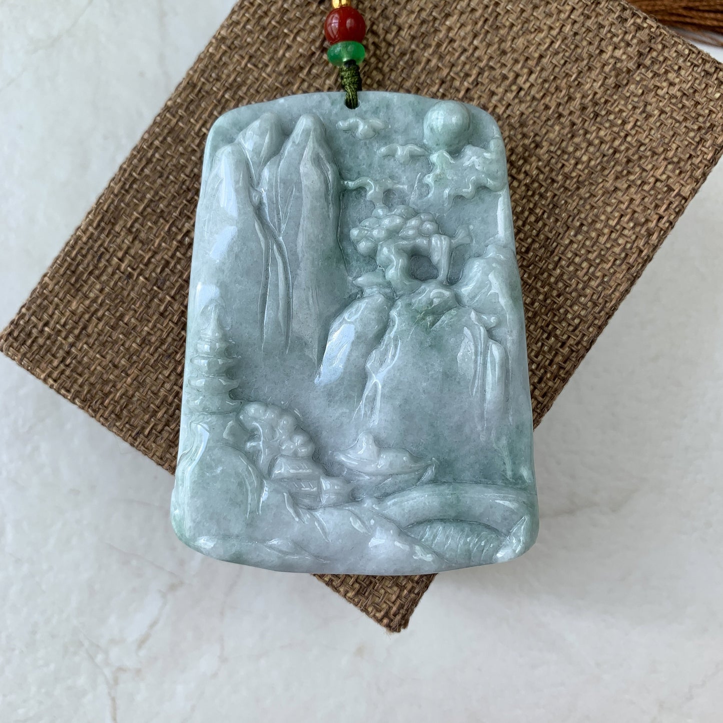 Very Large Jadeite Jade Landscape Mountain Forest River Scenery Hand Carved Pendant Necklace, YJ-0321-0437885 - AriaDesignCollection